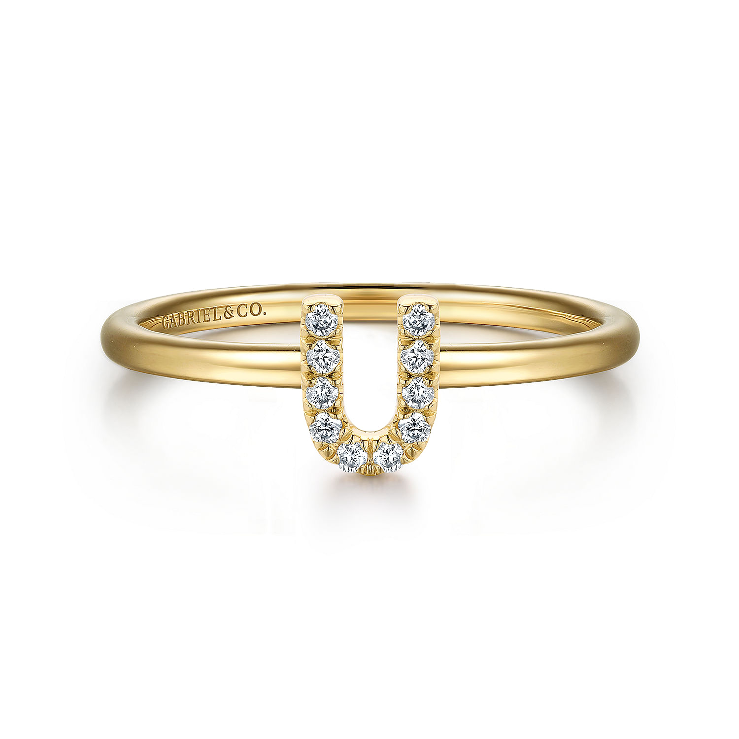 14K Yellow Gold Pave Diamond Uppercase U Initial Ring