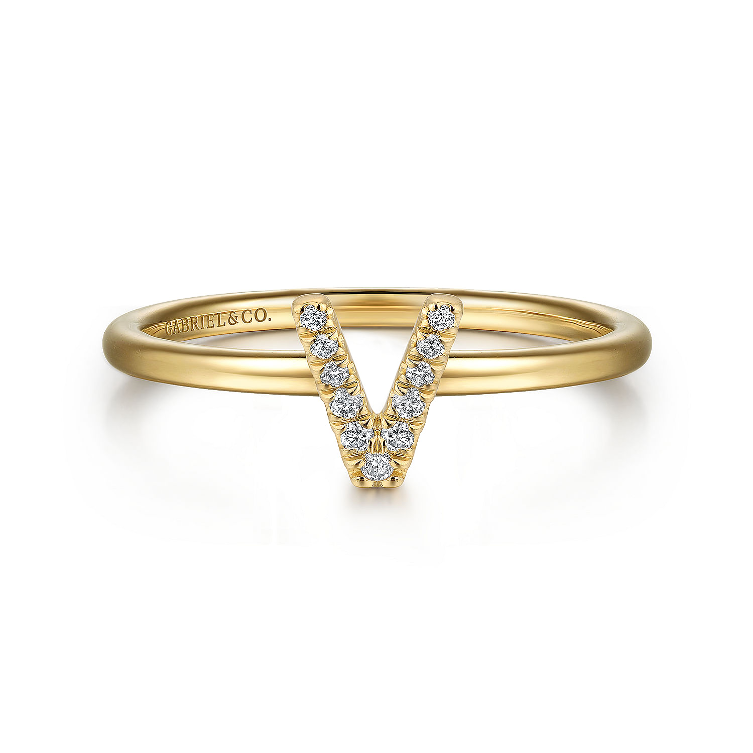 14K Yellow Gold Pave Diamond Uppercase V Initial Ring