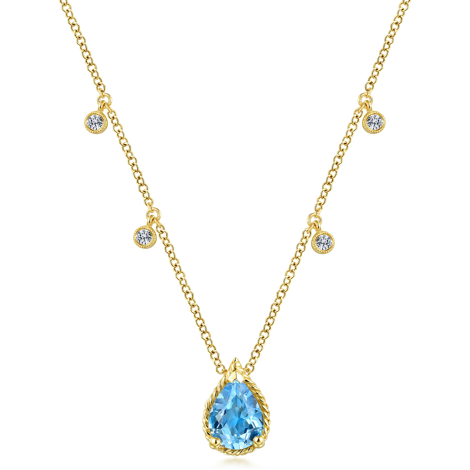 14K Yellow Gold Pear Shape Blue Topaz Pendant Necklace with Diamond Side Drops