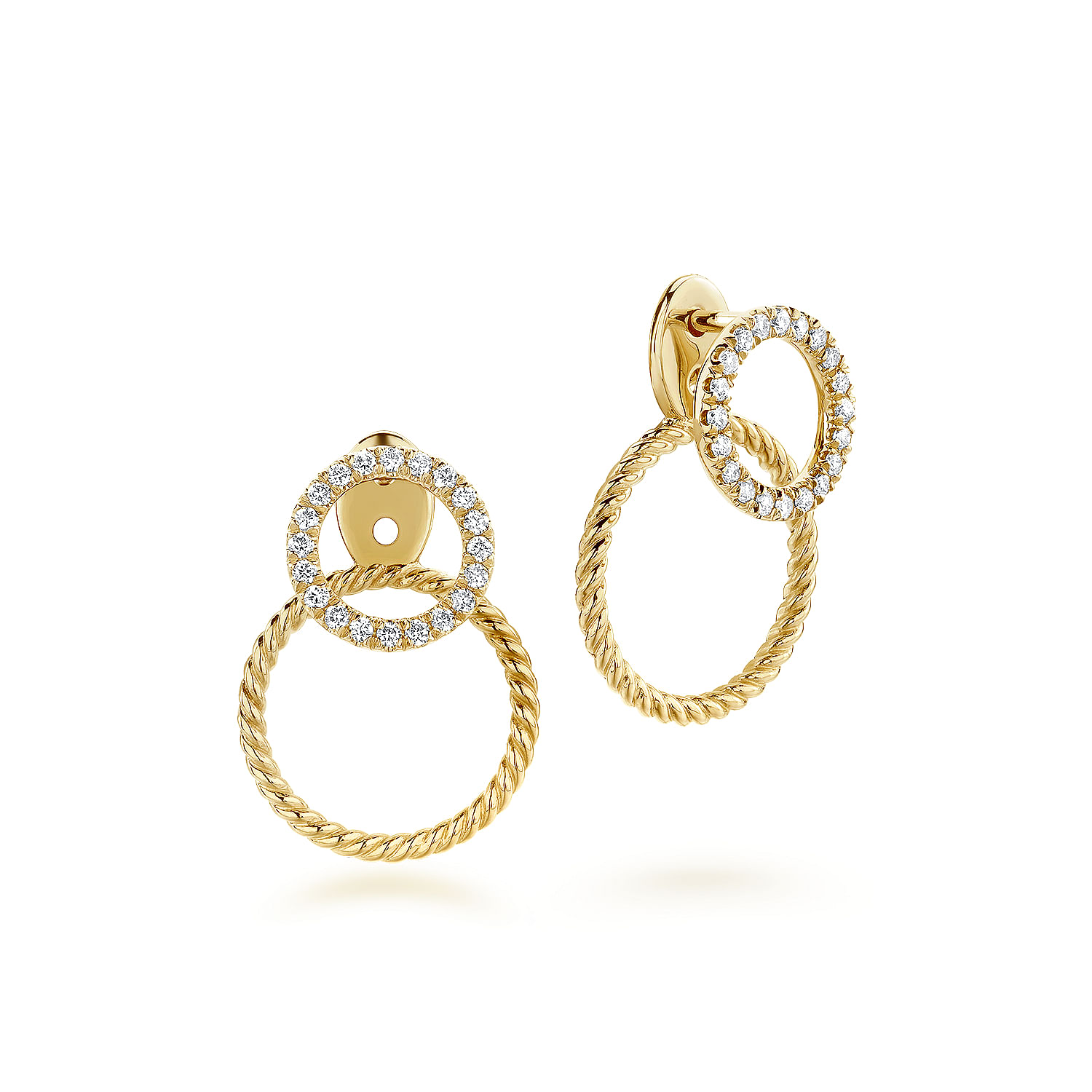 14K Yellow Gold Peek A Boo Double Circle Diamond and Twisted Rope Earrings
