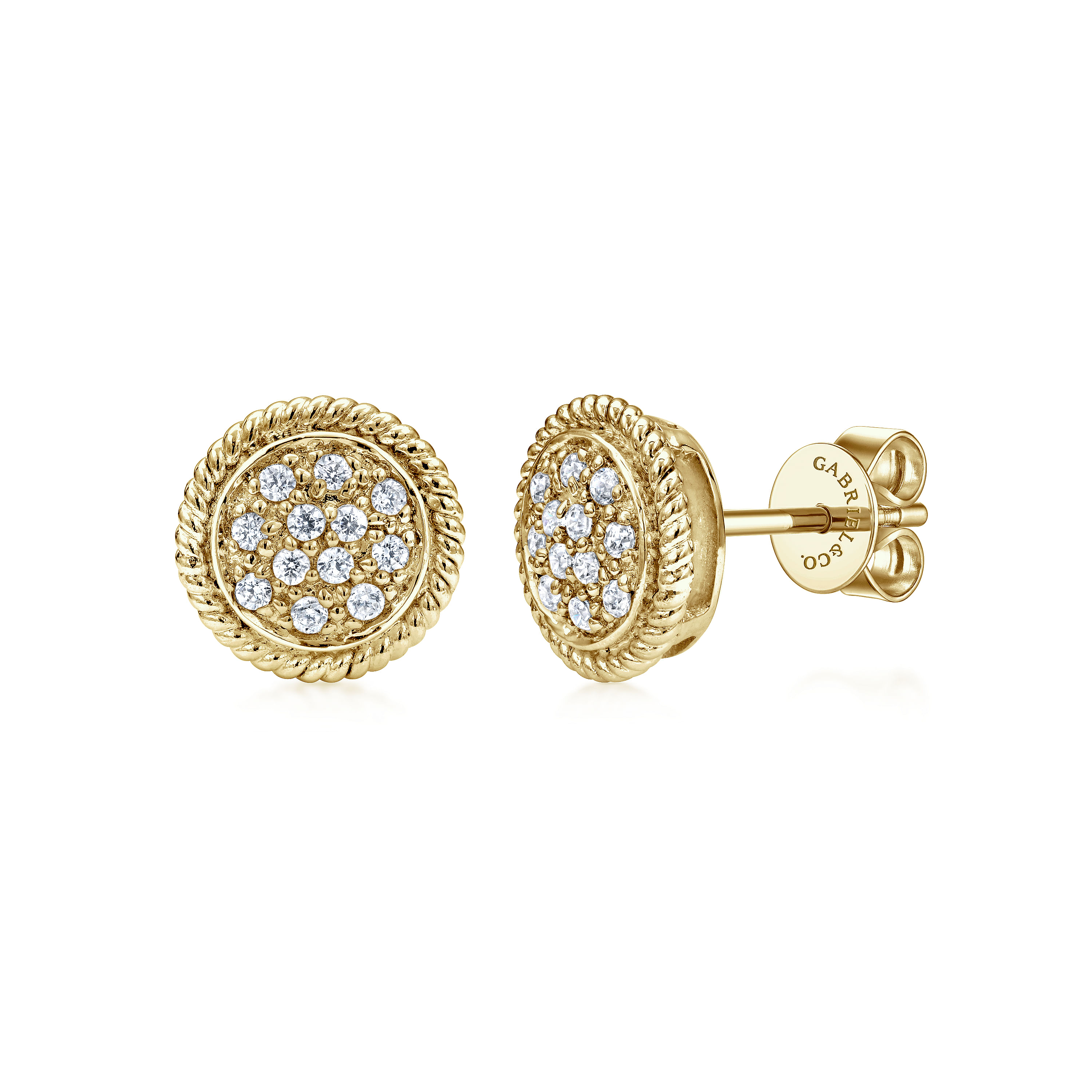 14K Yellow Gold Round Diamond Pave Cluster Stud Earrings With Twisted Rope Frame