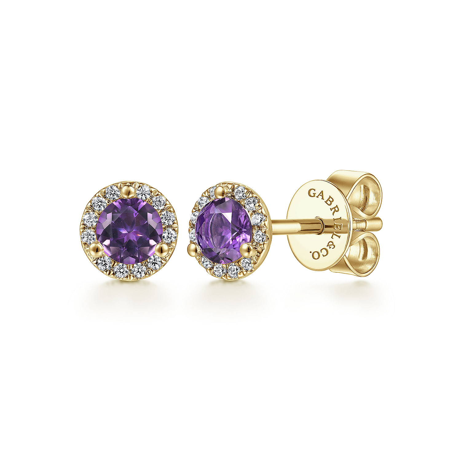 14K Yellow Gold Round Halo Amethyst and Diamond Stud Earring