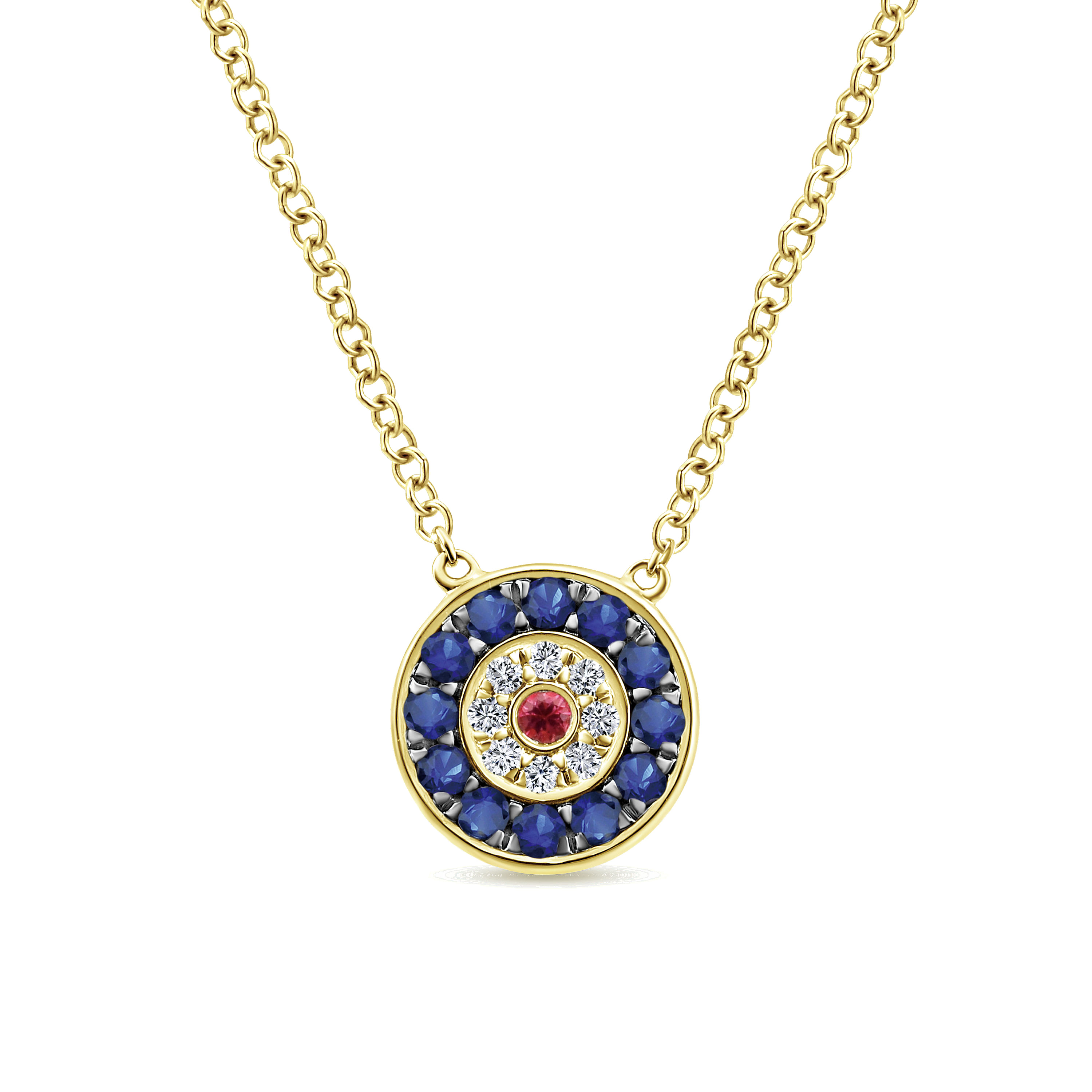 14K Yellow Gold Sapphire  Ruby and Diamond Evil Eye Pendant Necklace