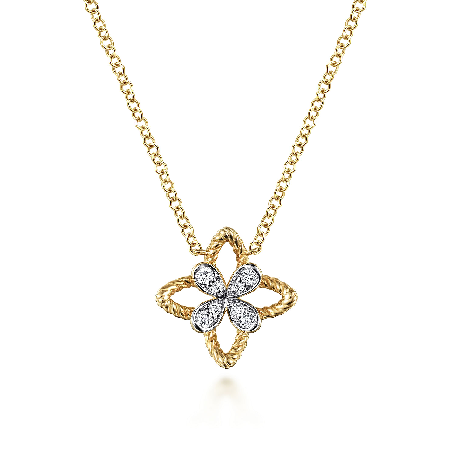 14K Yellow Gold Twisted Rope Clover Pendant Necklace with Diamond Petals