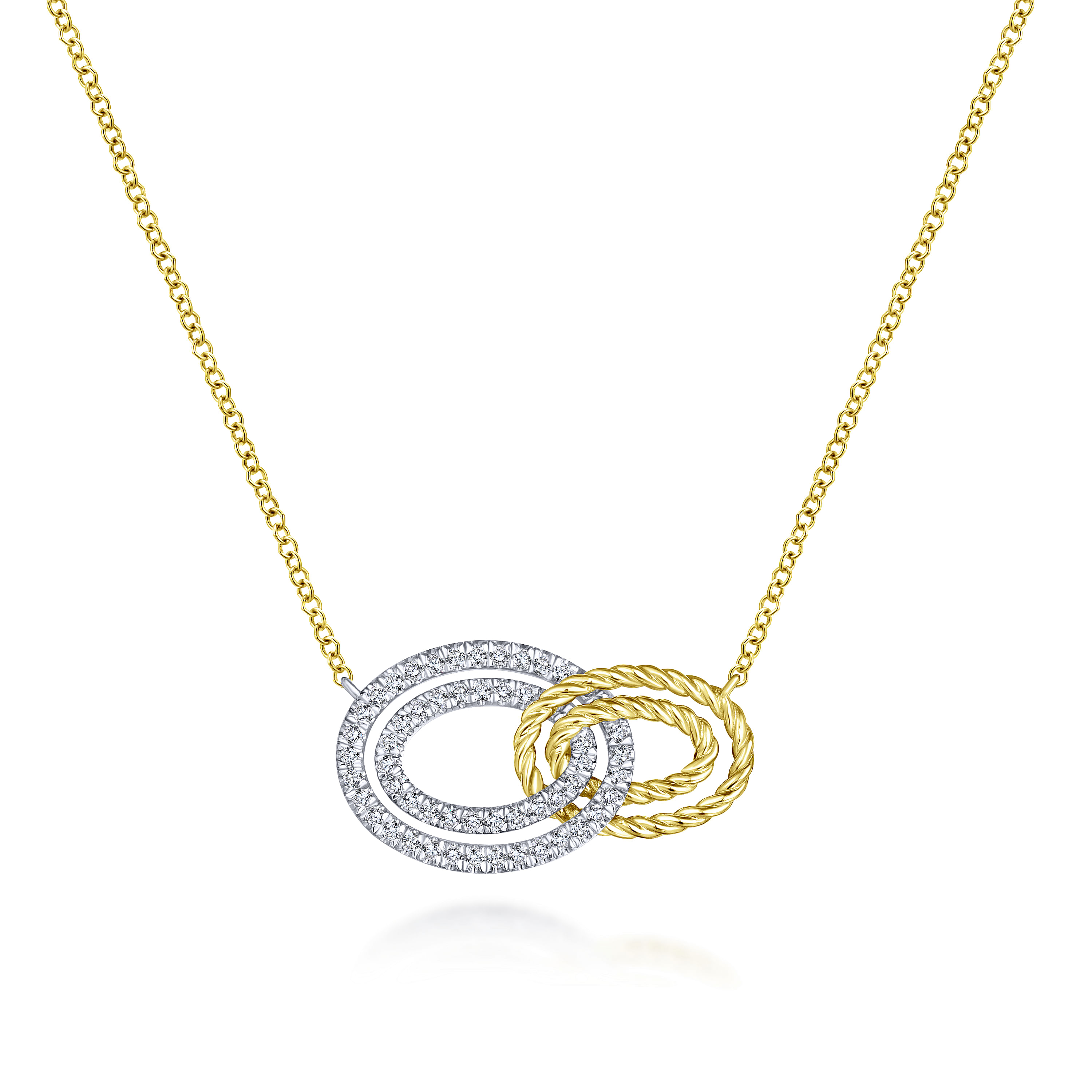 14K Yellow-White Gold Interlocking Oval Link Diamond Pendant Necklace