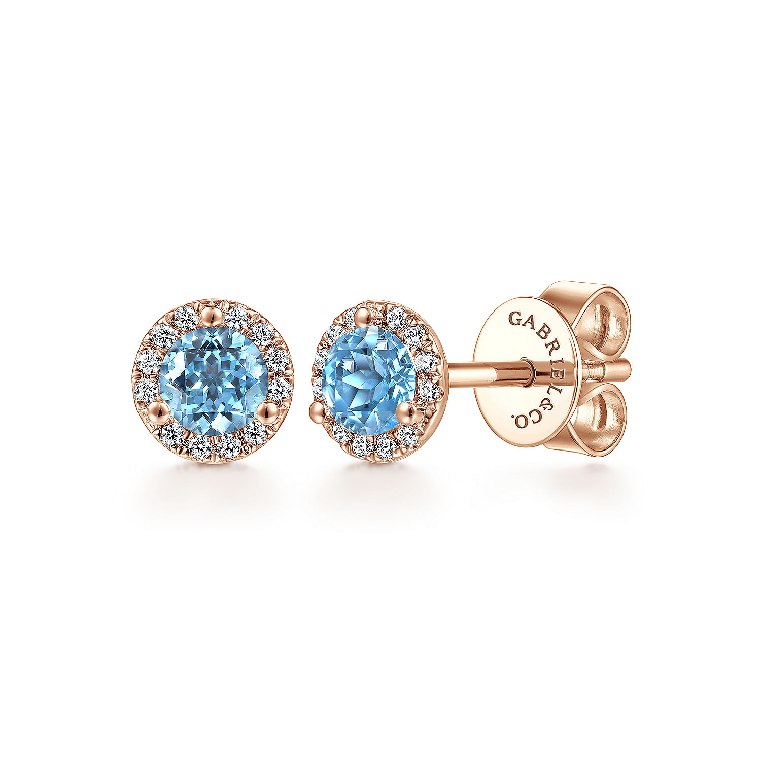 14k Rose Gold Round Cut Diamond Halo   Swiss Blue Topaz Stud Earring