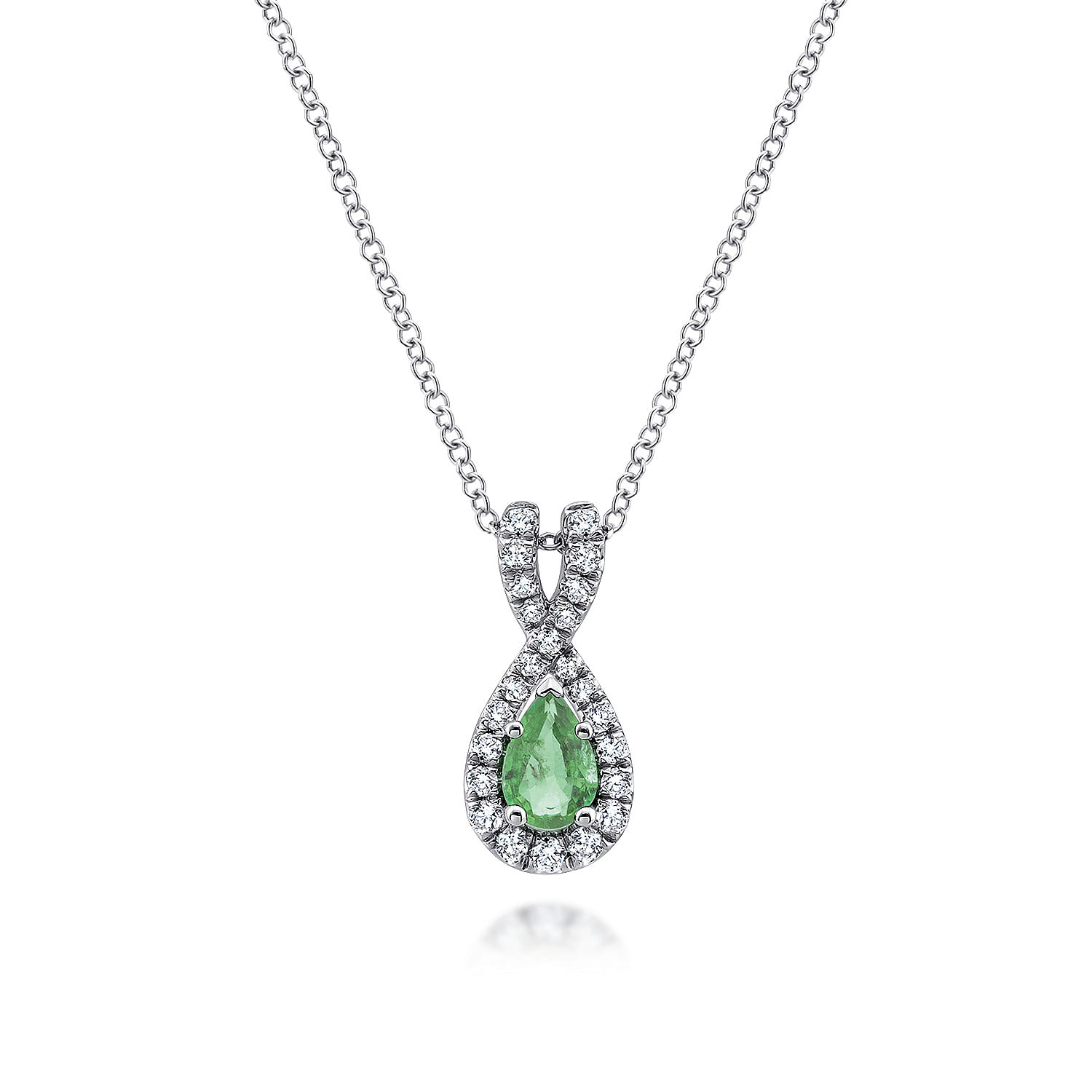 18 inch 14K White Gold Pear Shape Emerald and Twisted Diamond Frame Pendant Necklace