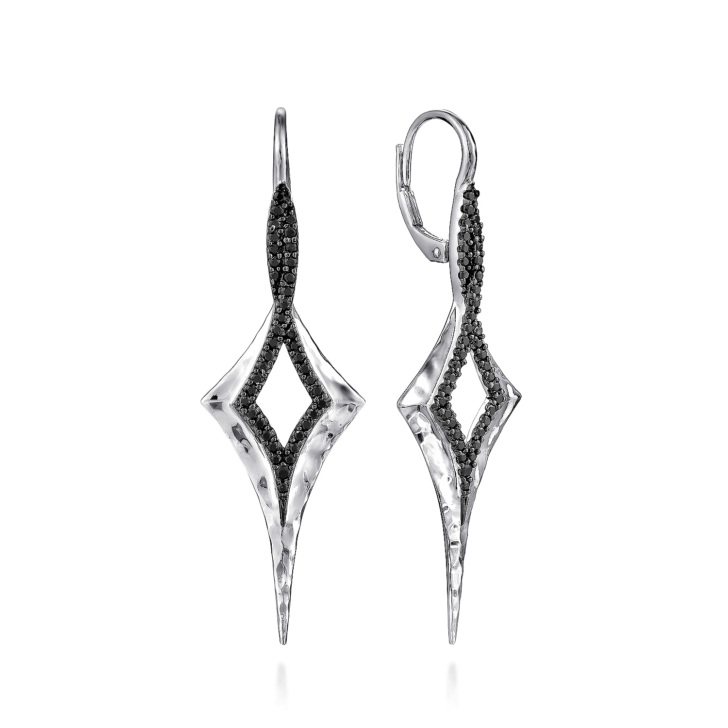 925 Sterling Silver Elongated Hammered Kite Earrings with Black Spinel