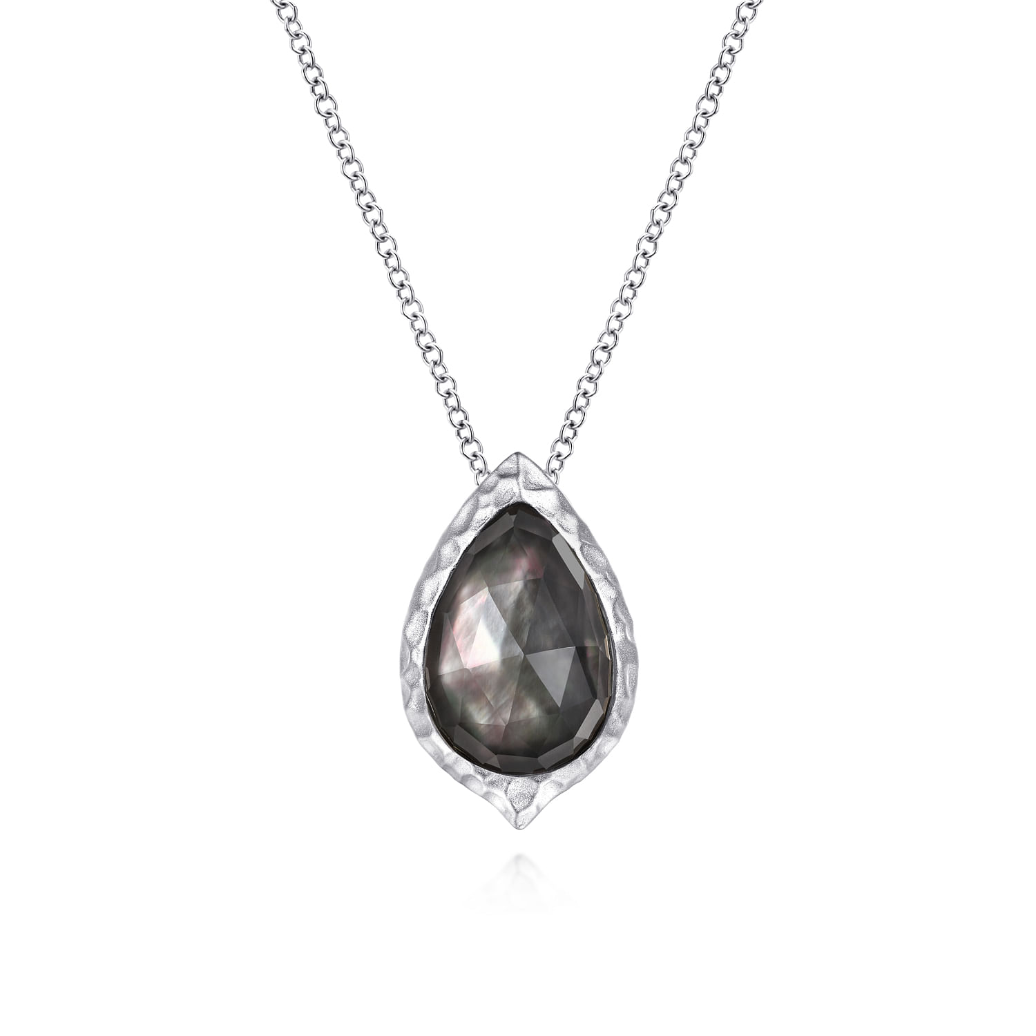 925 Sterling Silver Hammered Pear Shaped Rock Crystal   Black Mother of Pearl Pendant Necklace