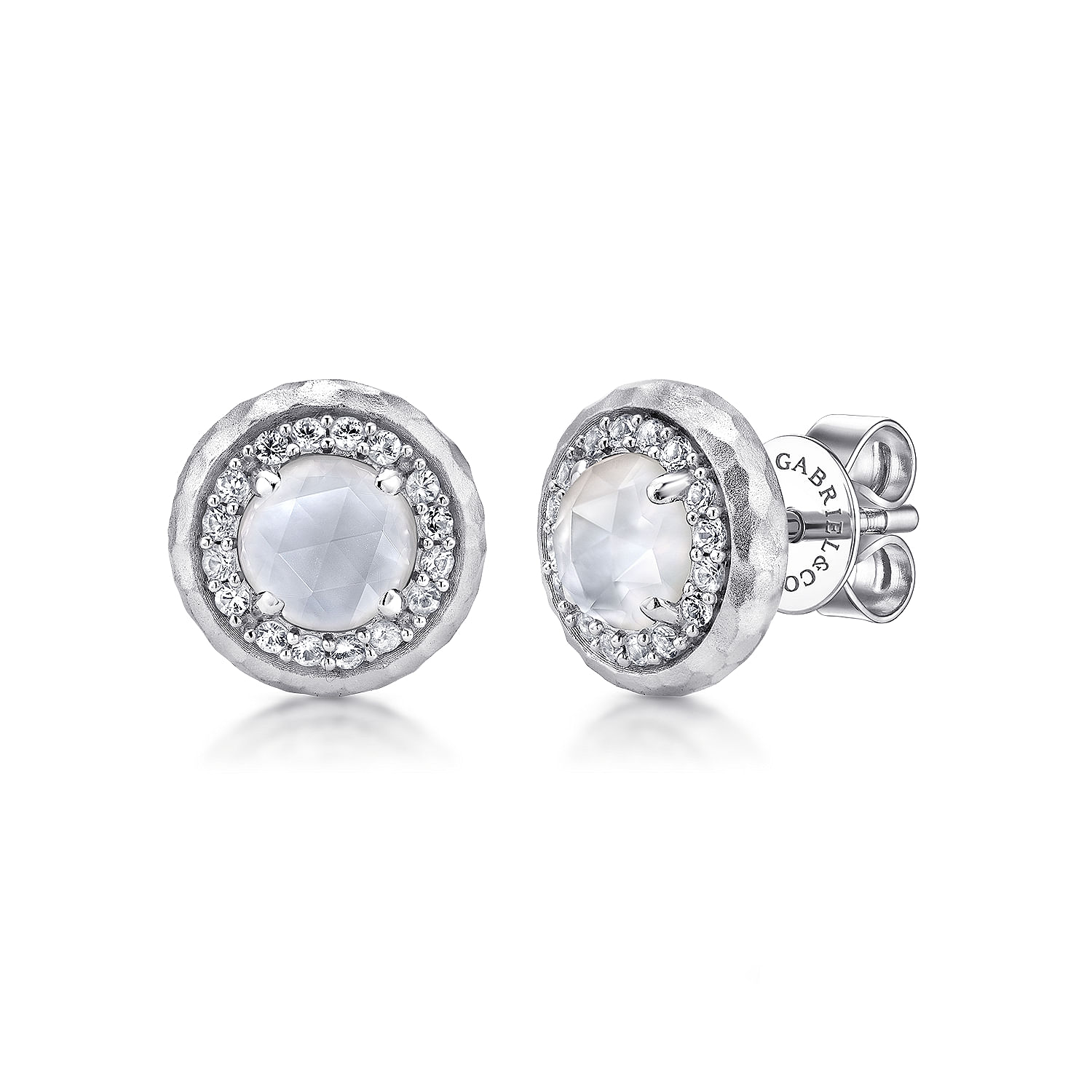 925 Sterling Silver Hammered Rock Crystal White Mother of Pearl and White Sapphire Halo Stud Earrings