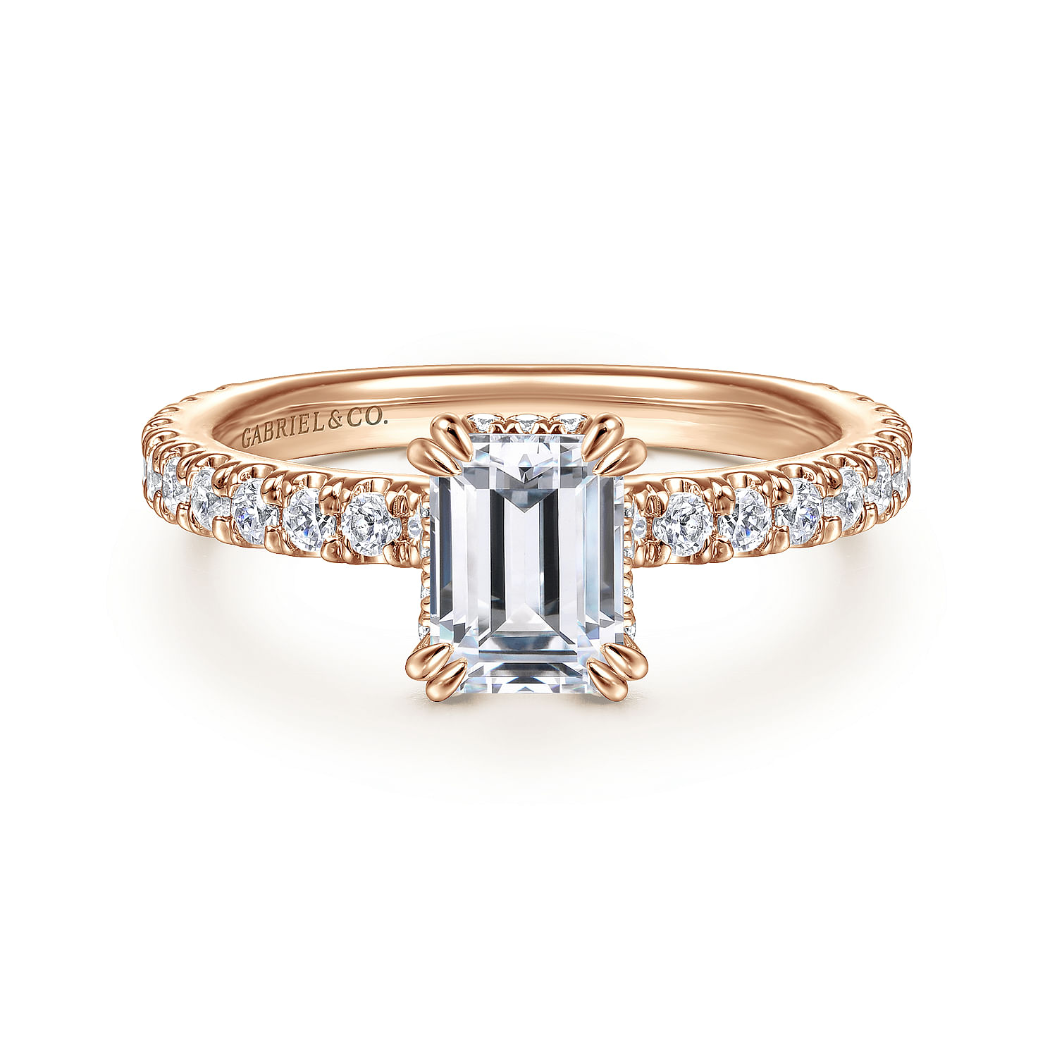 Alina - 14K Rose Gold Hidden Halo Emerald Cut Diamond Engagement Ring
