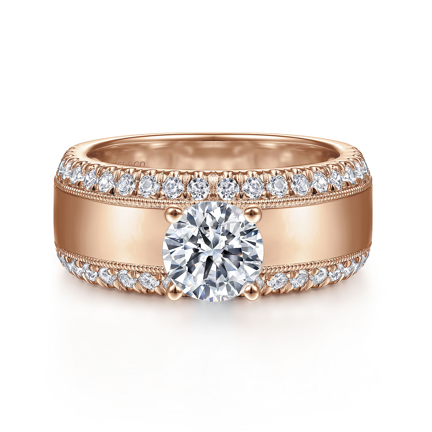 Amos - 14K Rose Gold Round Wide Band Diamond Engagement Ring