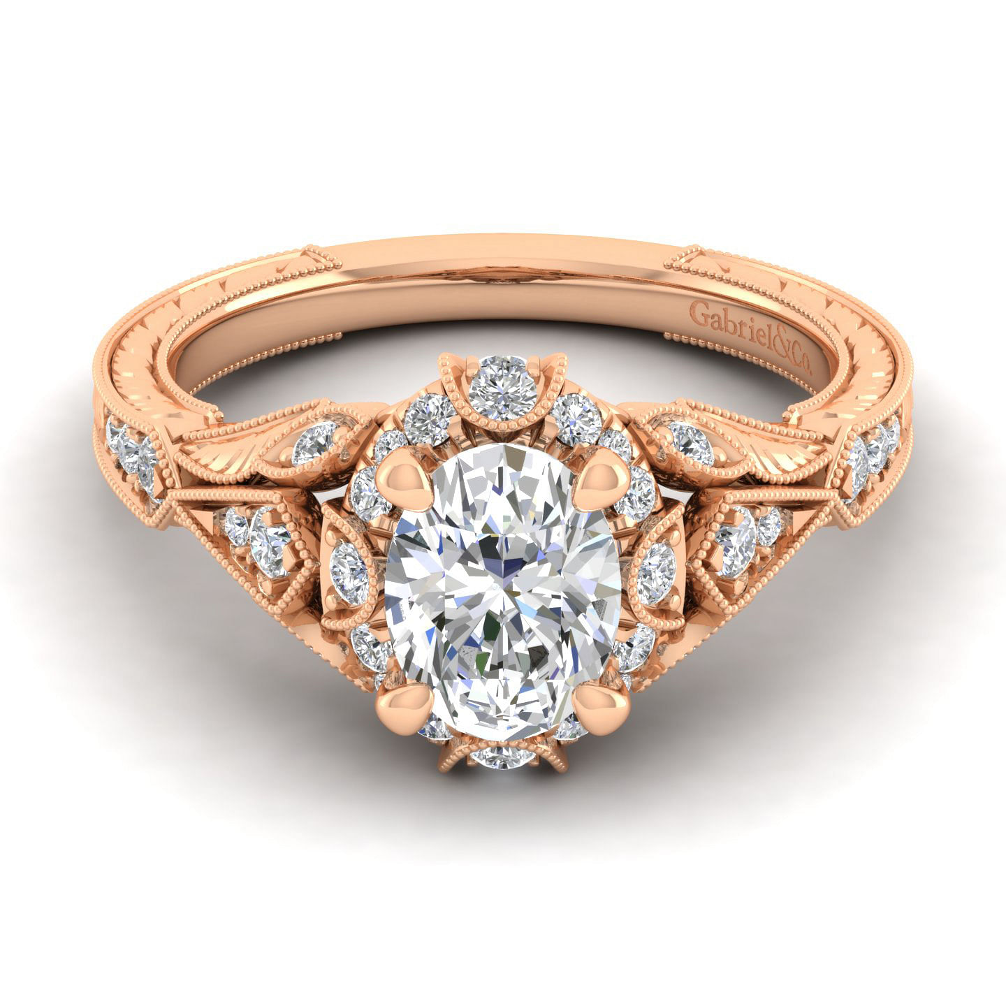 Annadale - Unique 14K Rose Gold Vintage Inspired Oval Halo Diamond Engagement Ring