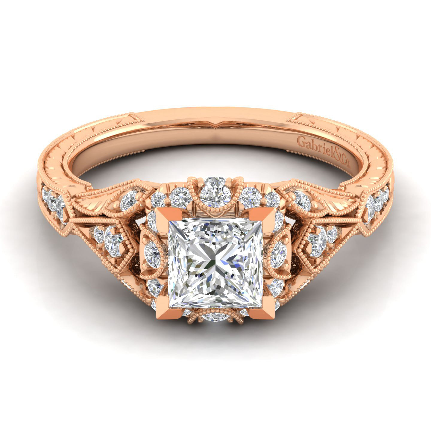 Annadale - Unique 14K Rose Gold Vintage Inspired Princess Cut Diamond Halo Engagement Ring