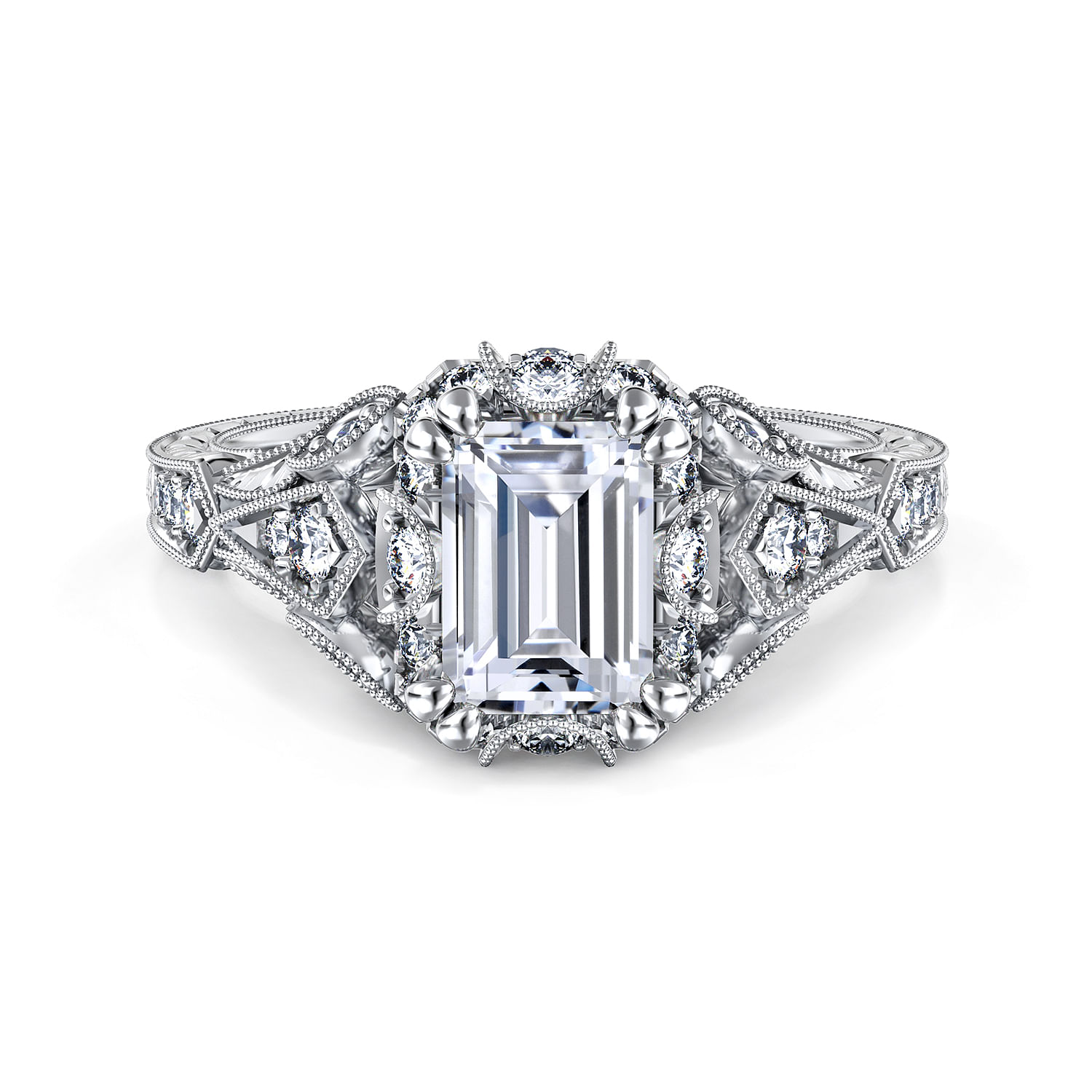 Annadale - Unique 14K White Gold Vintage Inspired Emerald Cut Diamond Halo Engagement Ring
