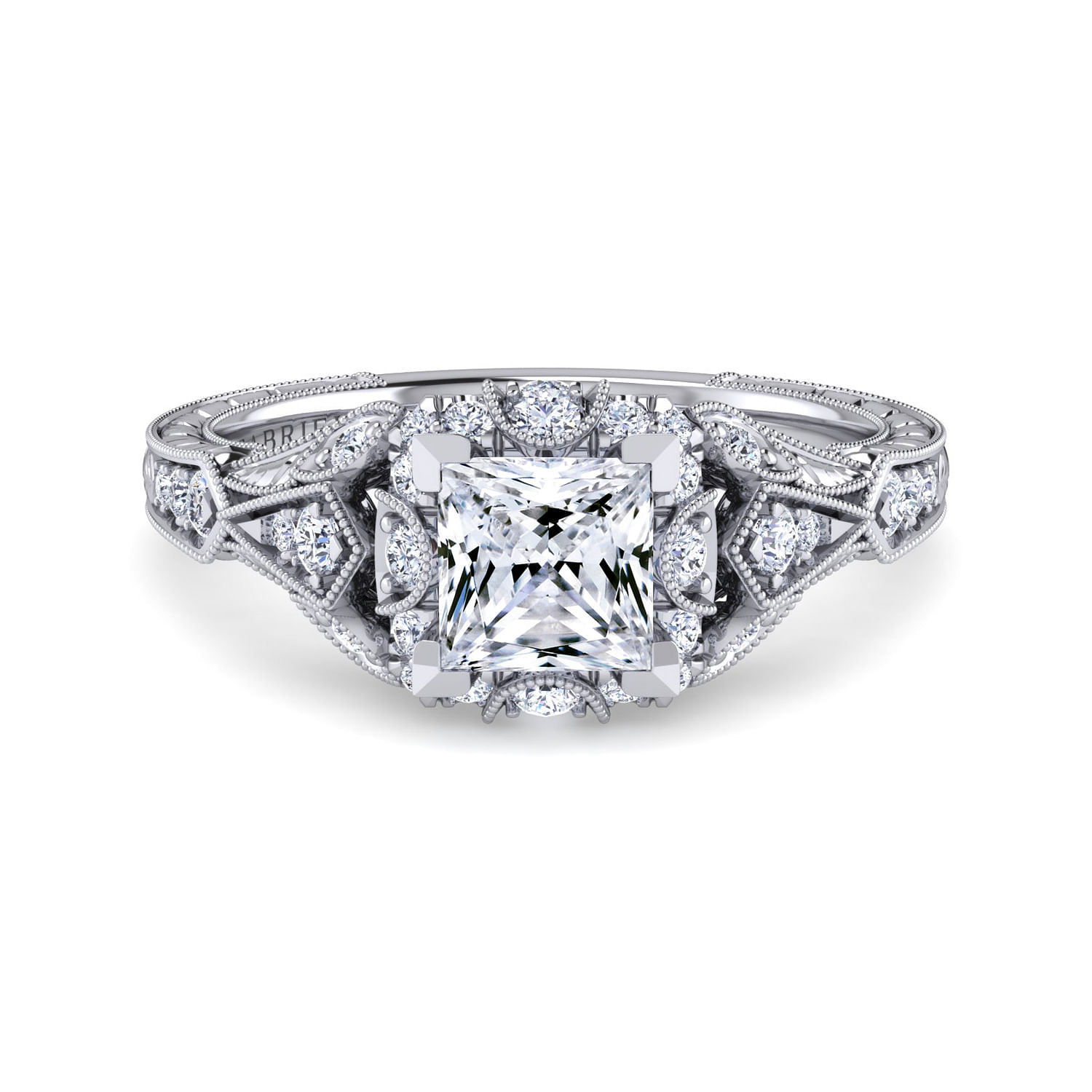 Annadale - Unique 14K White Gold Vintage Inspired Princess Cut Diamond Halo Engagement Ring
