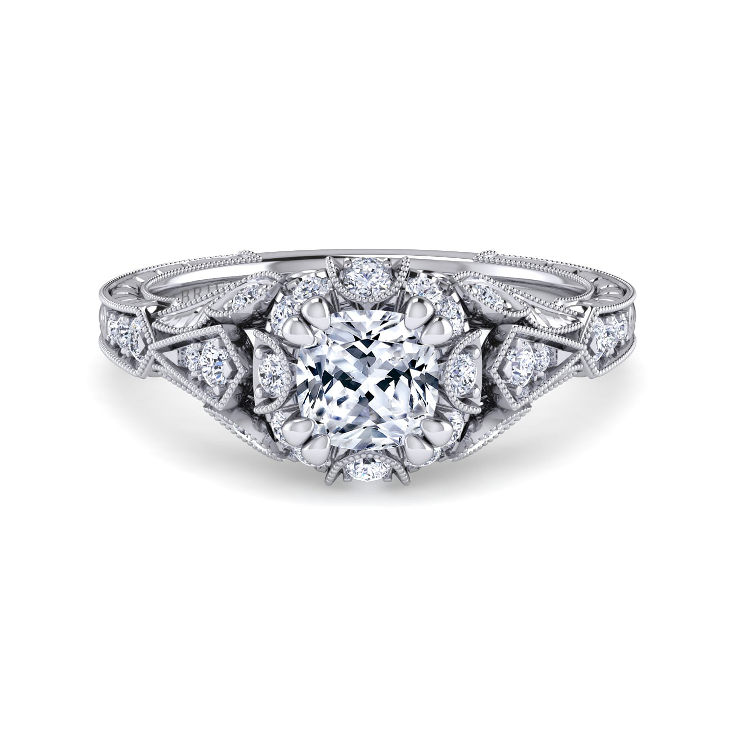 Annadale - Unique Platinum Vintage Inspired Cushion Cut Diamond Halo Engagement Ring