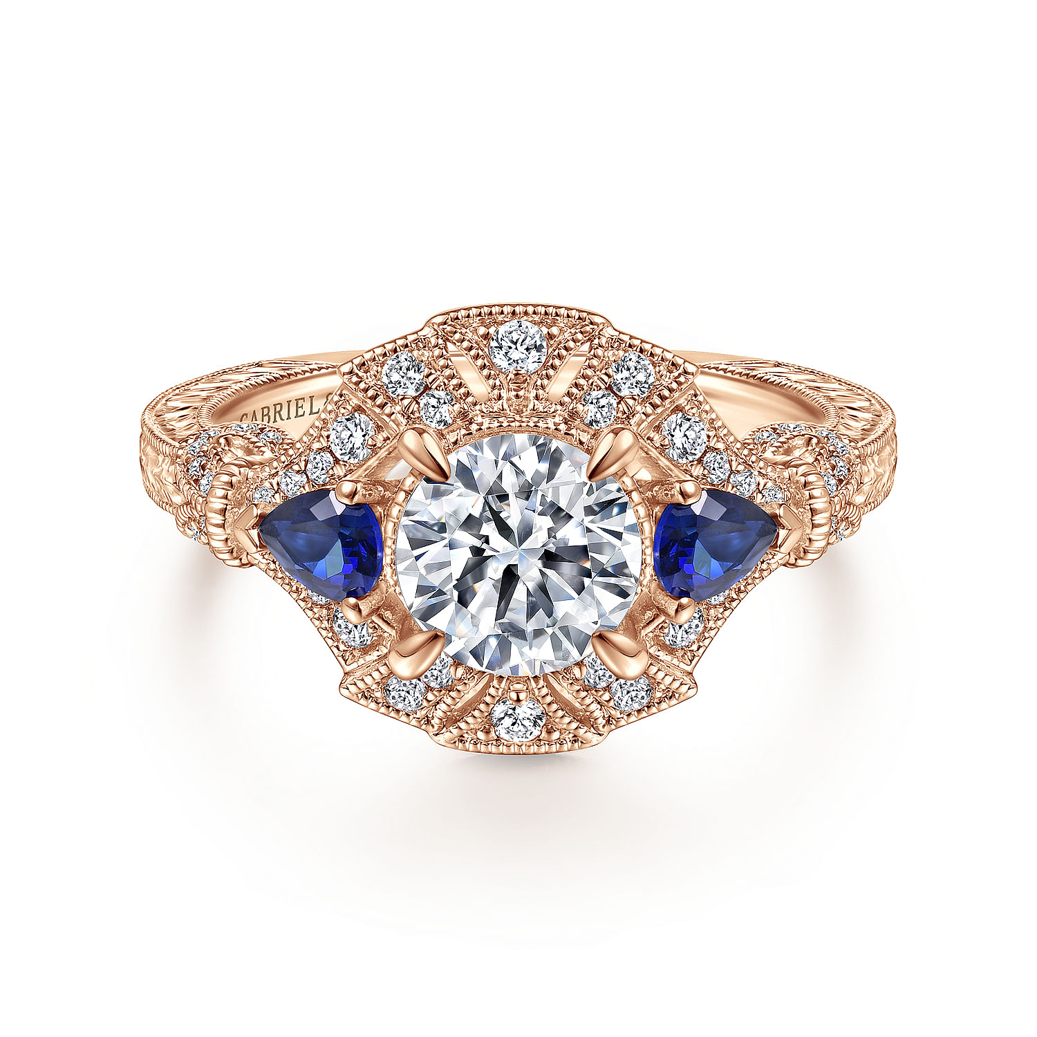 Azurine - 14K Rose Gold Round Sapphire and Diamond Engagement Ring