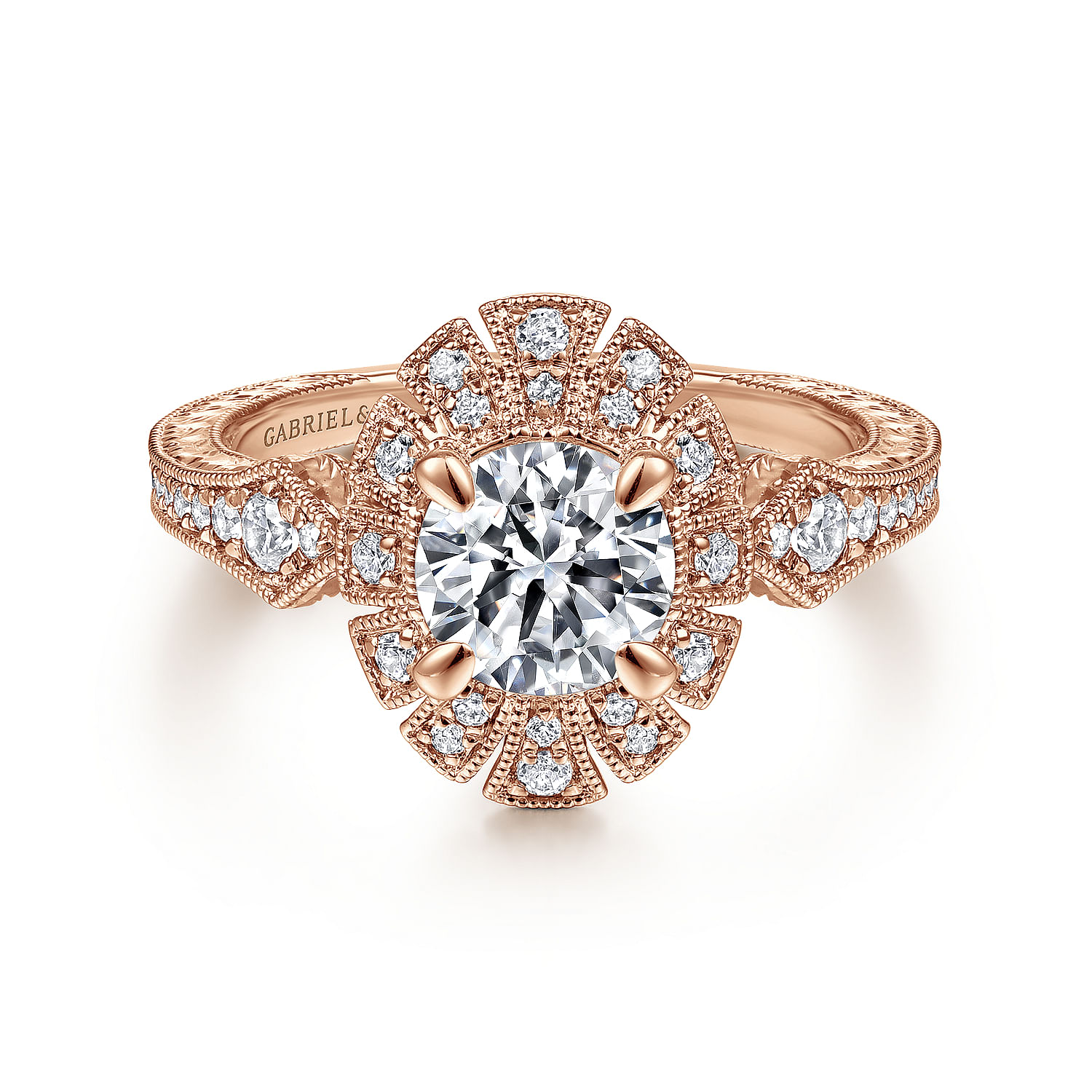 Baroness - Unique 14K Rose Gold Art Deco Halo Diamond Engagement Ring