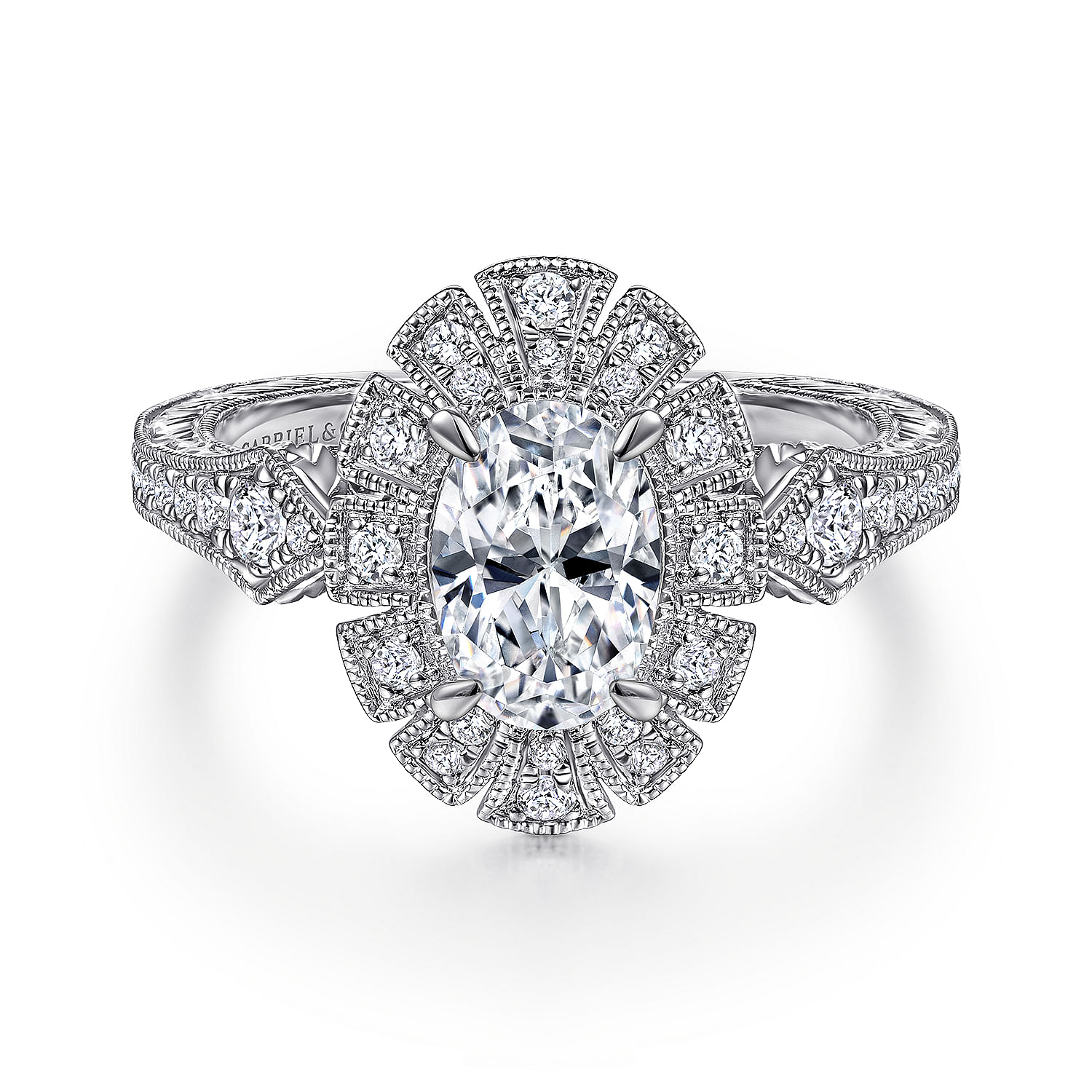 Baroness - Unique 14K White Gold Art Deco Oval Halo Diamond Engagement Ring