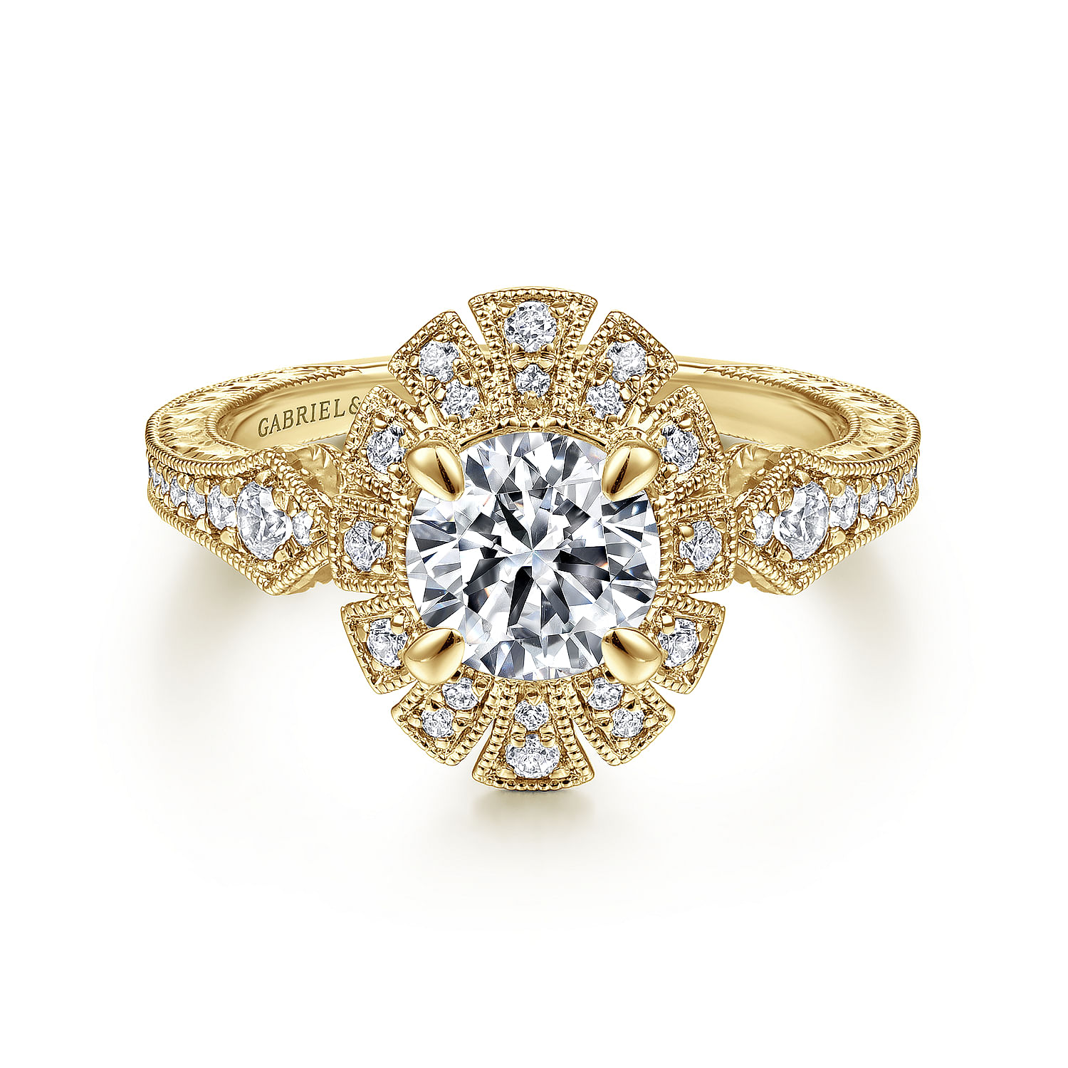 Baroness - Unique 14K Yellow Gold Art Deco Halo Diamond Engagement Ring