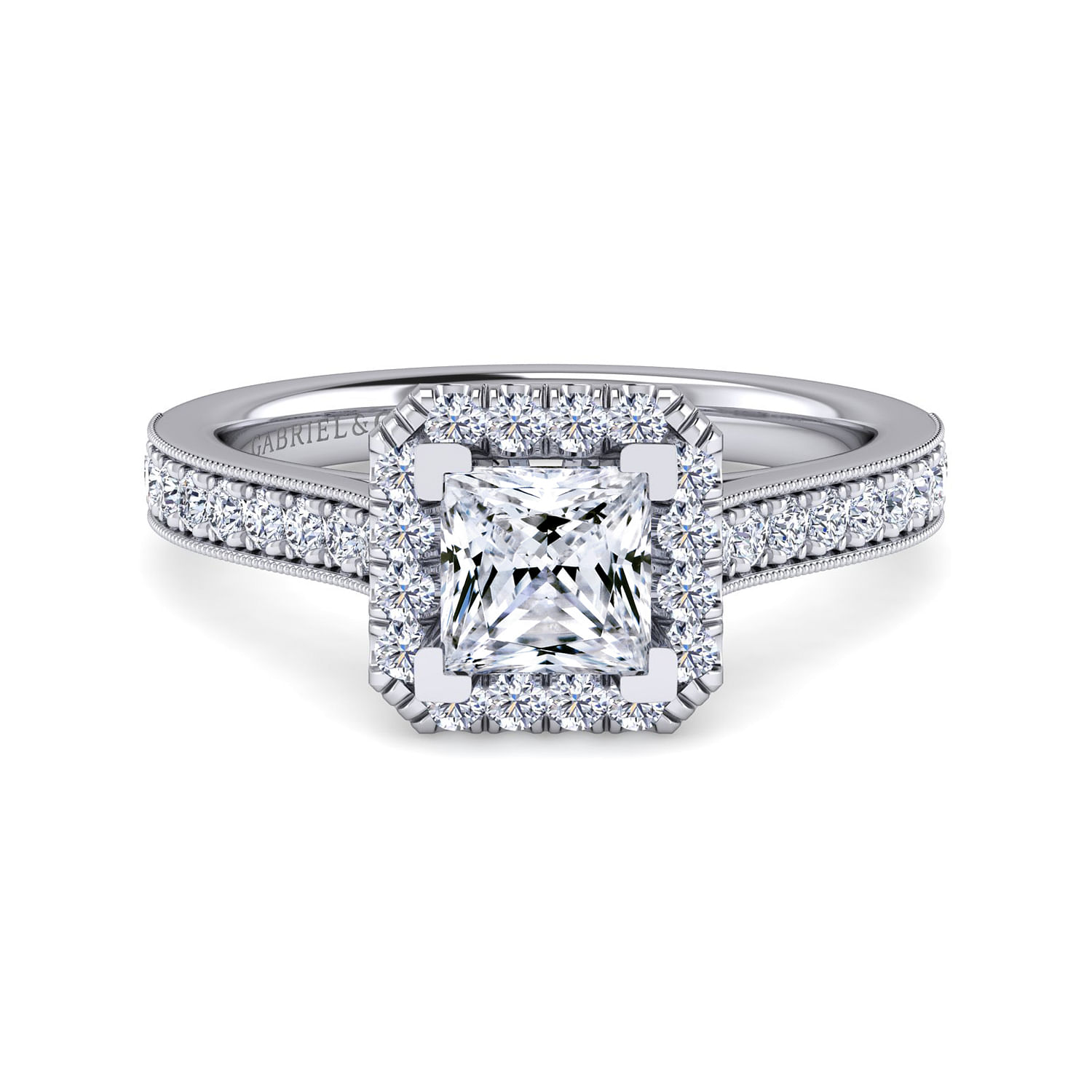 Bernadette - Vintage Inspired Platinum Princess Halo Diamond Engagement Ring