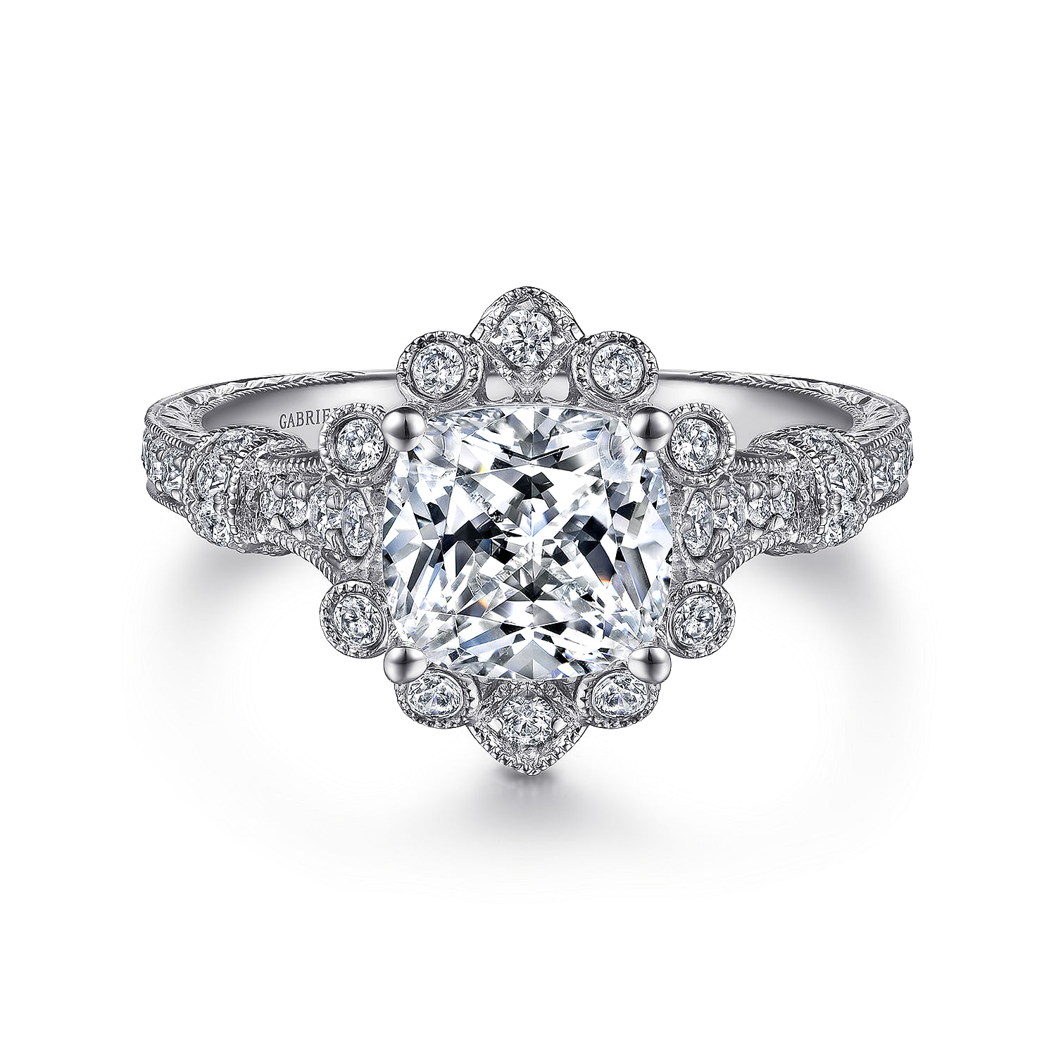 Calliope - Unique 14K White Gold Vintage Inspired Cushion Cut Halo Diamond Engagement Ring