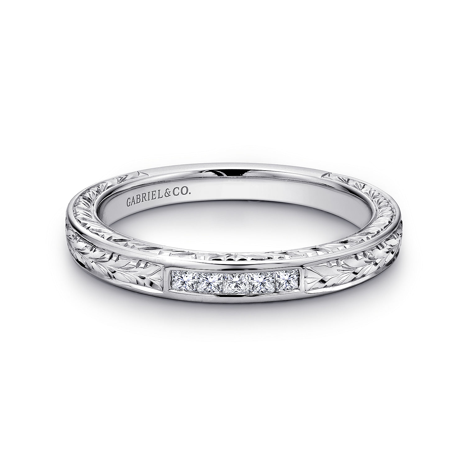 Cesaire - 14K White Gold Princess Cut 5 Stone Channel Set Diamond Wedding Band with Engraving