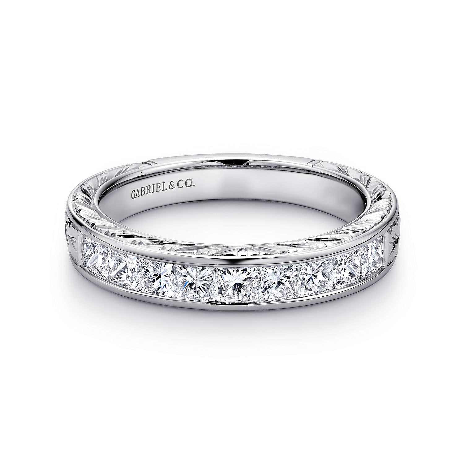 Cesaire - 14K White Gold Princess Cut 9 Stone Channel Set Diamond Wedding Band with Engraving