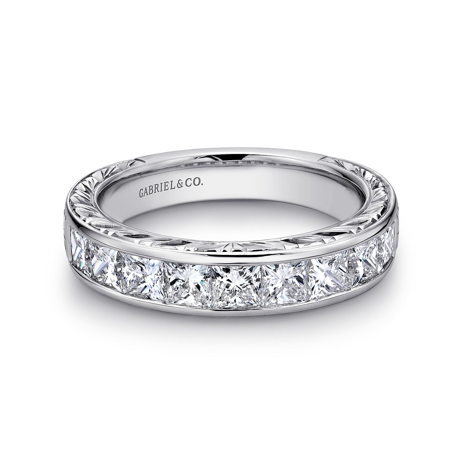 Cesaire - 14K White Gold Princess Cut 9 Stone Channel Set Diamond Wedding Band with Engraving