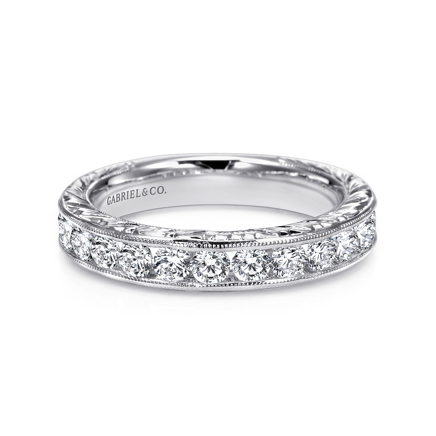 Chambray - Vintage 14K White Gold Hand Engraved Channel Set Diamond Wedding Band