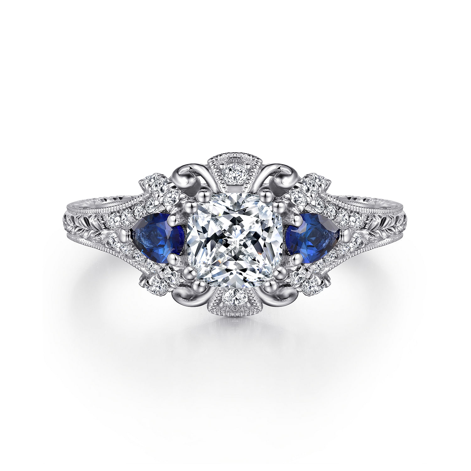 Chrystie - 14K White Gold Cushion Cut Sapphire and Diamond Engagement Ring