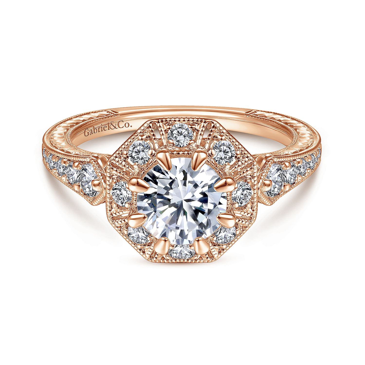 Cleary - Art Deco 14K Rose Gold Octagonal Halo Diamond Engagement Ring
