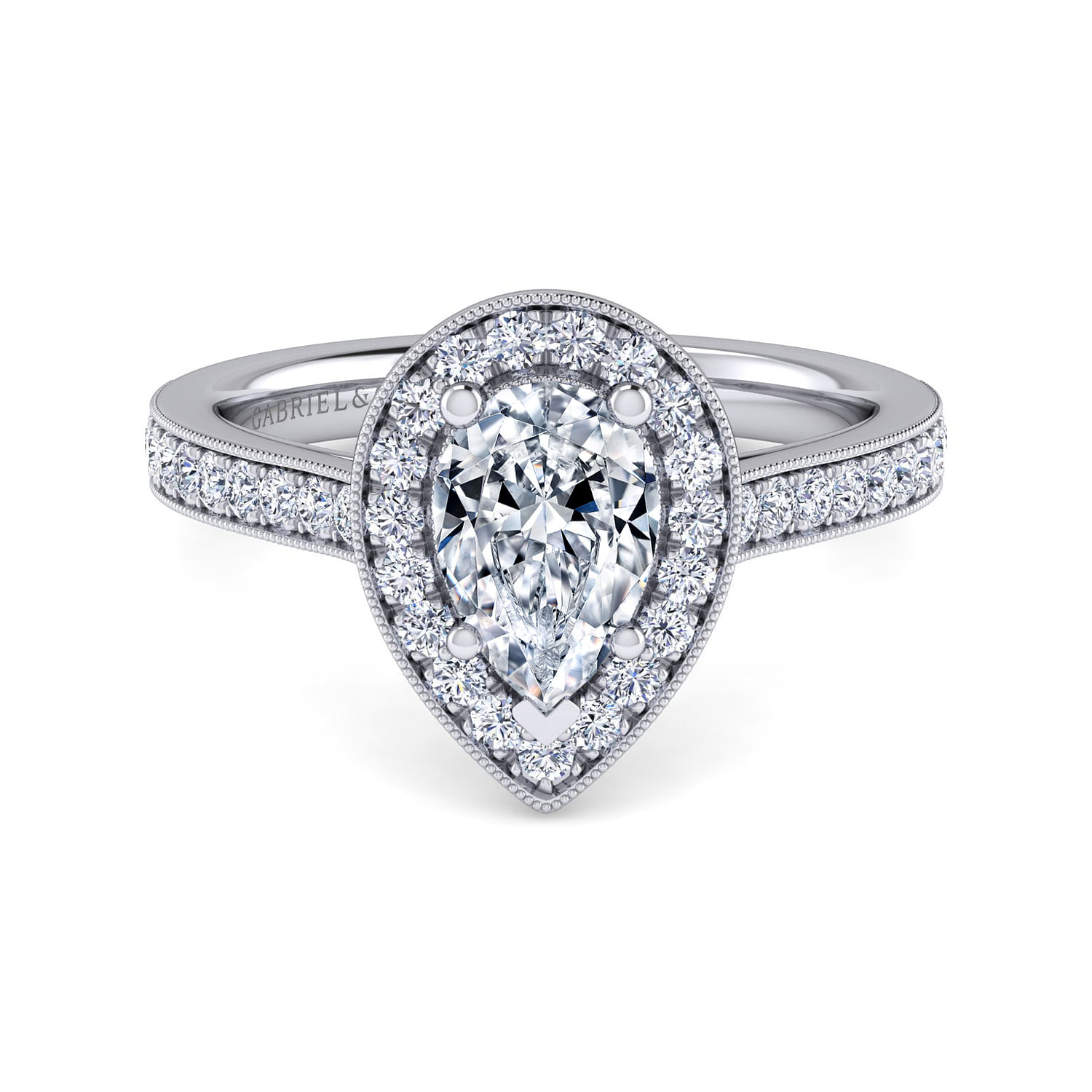 Corinne - Vintage Inspired Platinum Pear Shape Halo Diamond Engagement Ring