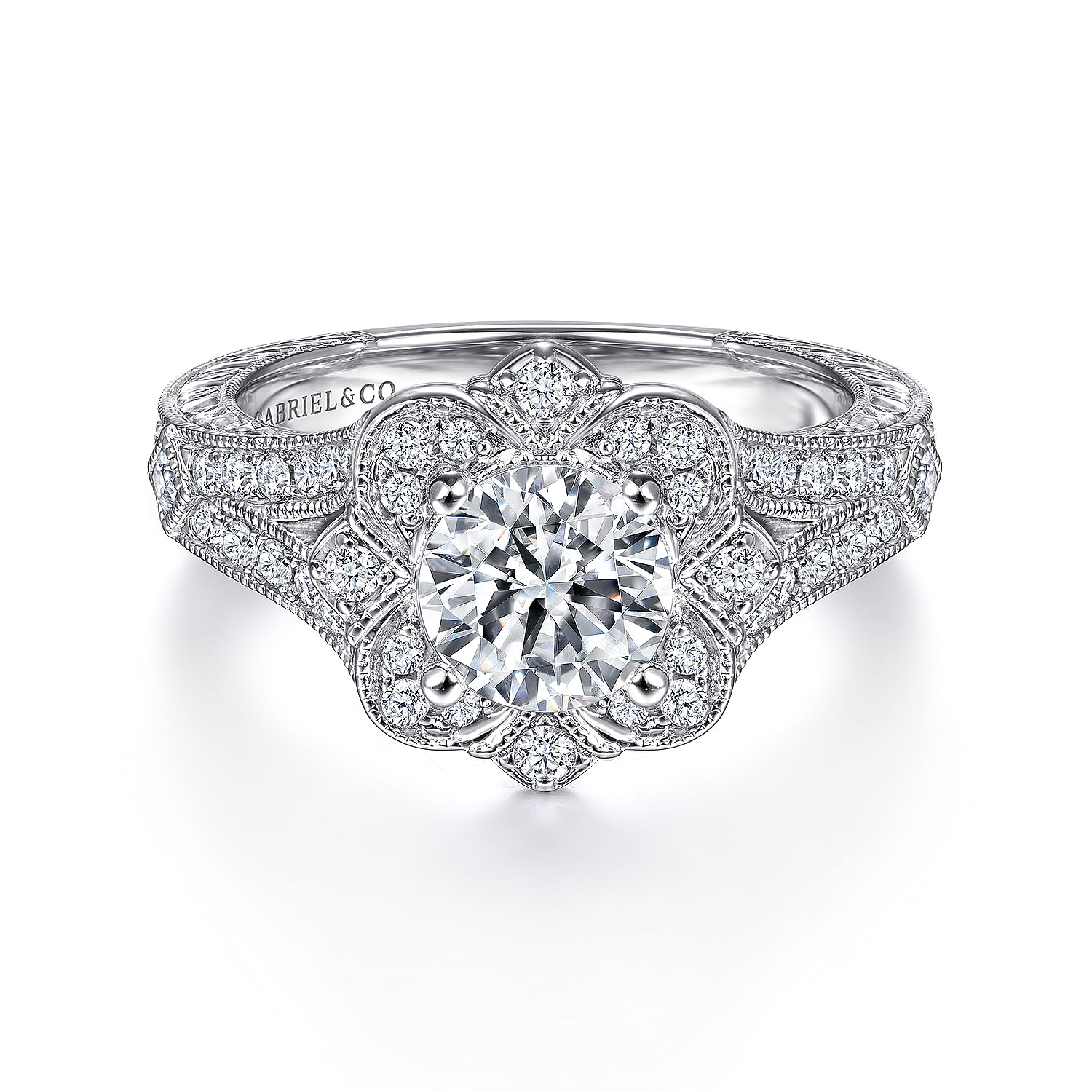 Cornelia - Vintage Inspired 14K White Gold Round Halo Diamond Engagement Ring