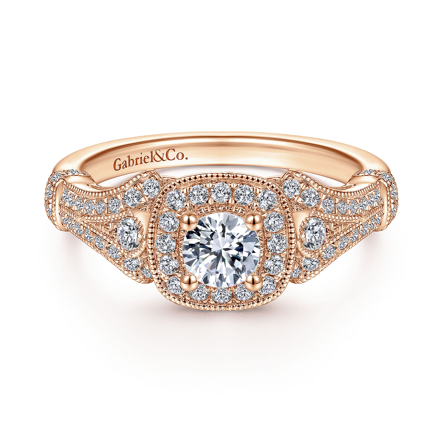 Delilah - Vintage Inspired 14K Rose Gold Cushion Halo Round Diamond Engagement Ring