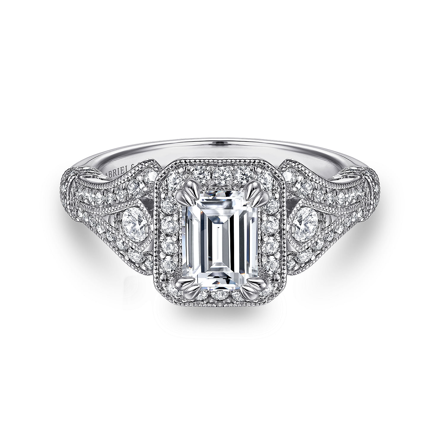 Delilah - Vintage Inspired 14K White Gold Halo Emerald Cut Diamond Engagement Ring