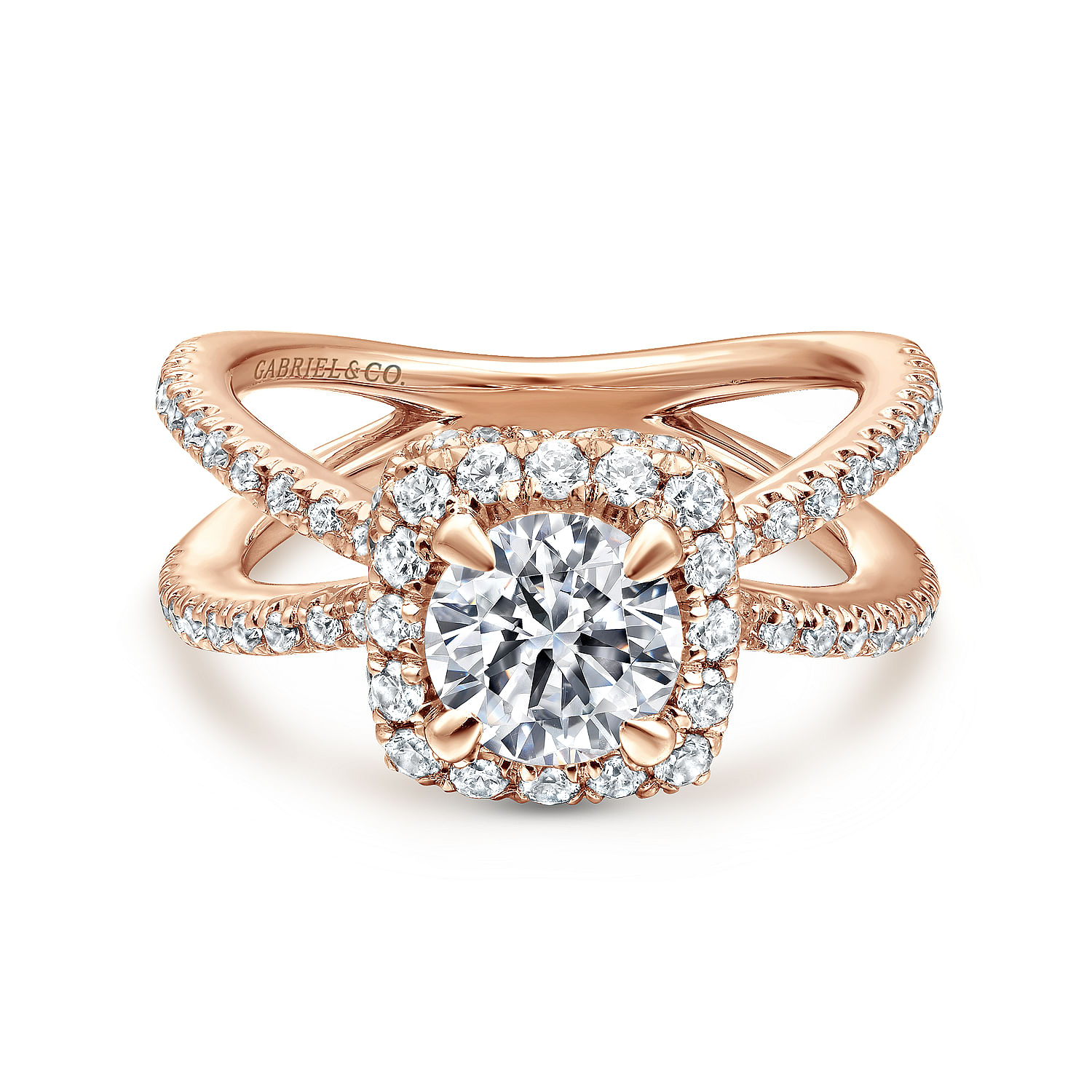 Delphinia - 14K Rose Gold Cushion Halo Round Diamond Engagement Ring