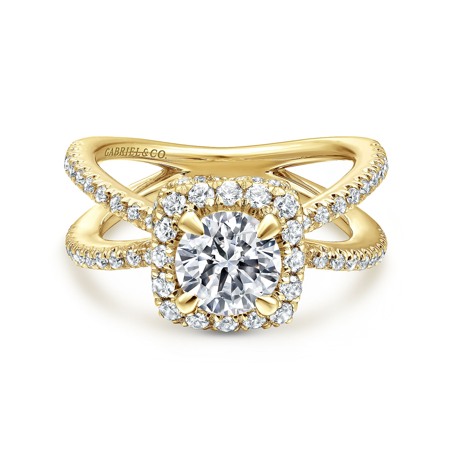 Delphinia - 14K Yellow Gold Cushion Halo Round Diamond Engagement Ring