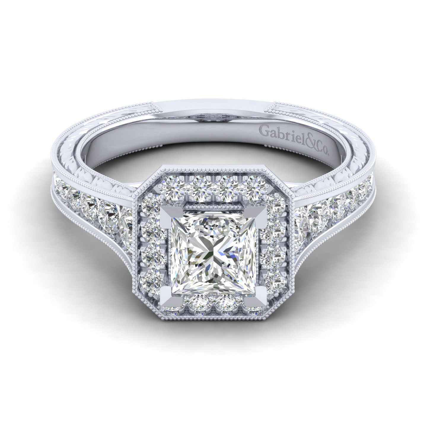Elaine - Vintage Inspired 14K White Gold Princess Halo Diamond Engagement Ring