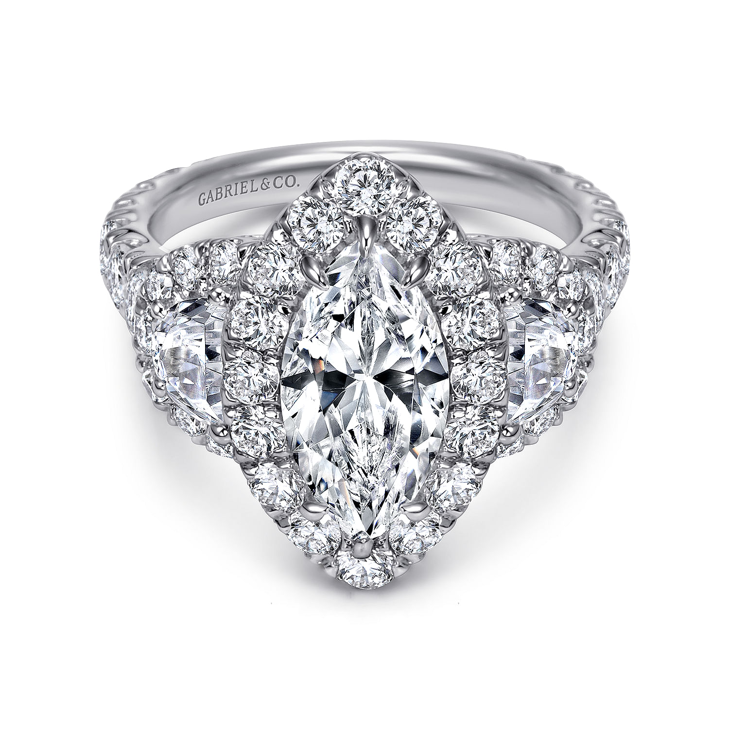 Eve - 14K White Gold Marquise Shape Three Stone Halo Diamond Engagement Ring