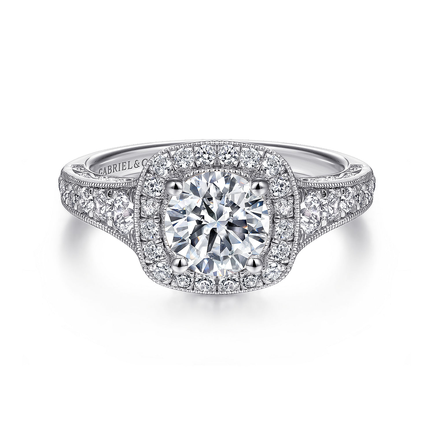 Florence - Vintage Inspired 14K White Gold Cushion Halo Round Diamond Engagement Ring
