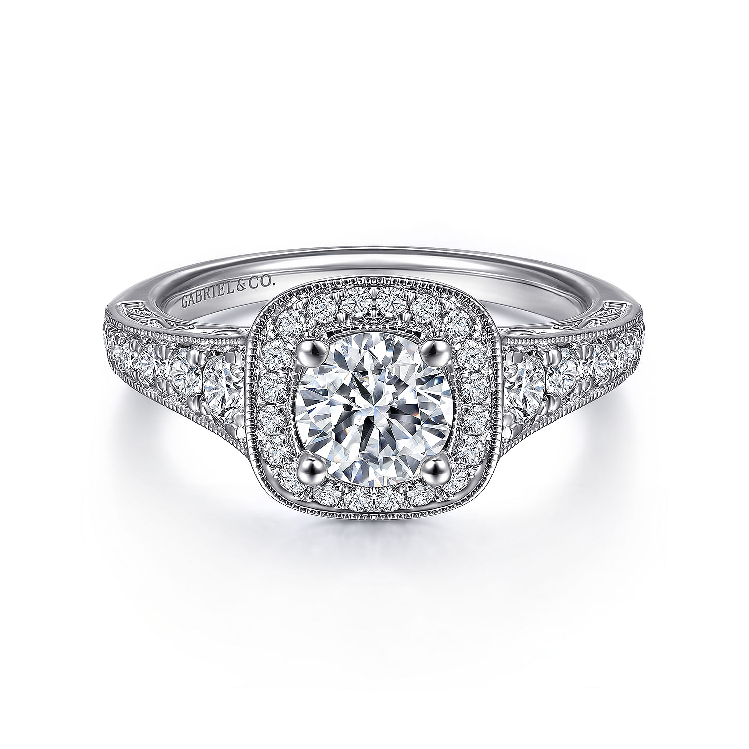 Florence - Vintage Inspired 14K White Gold Cushion Halo Round Diamond Engagement Ring