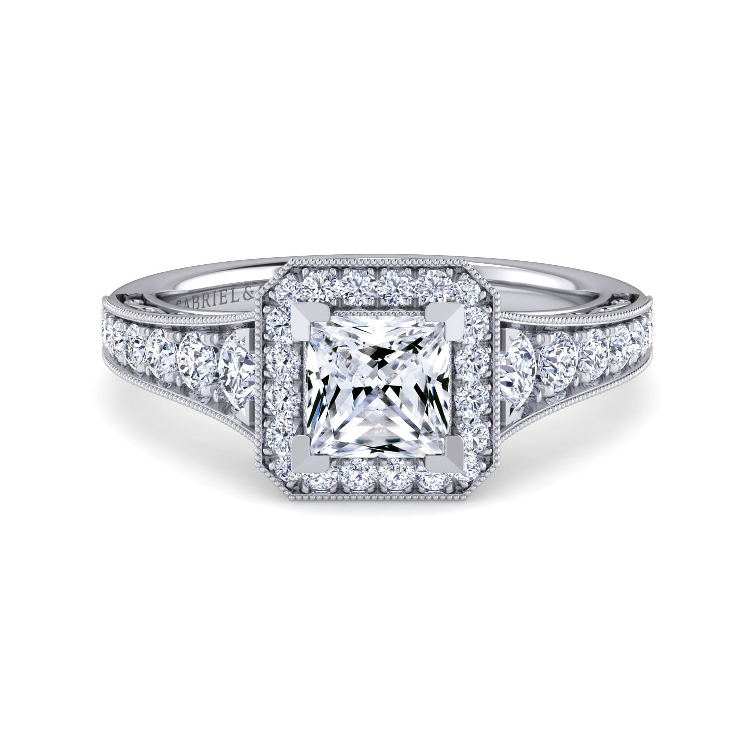 Florence - Vintage Inspired 14K White Gold Princess Halo Diamond Engagement Ring