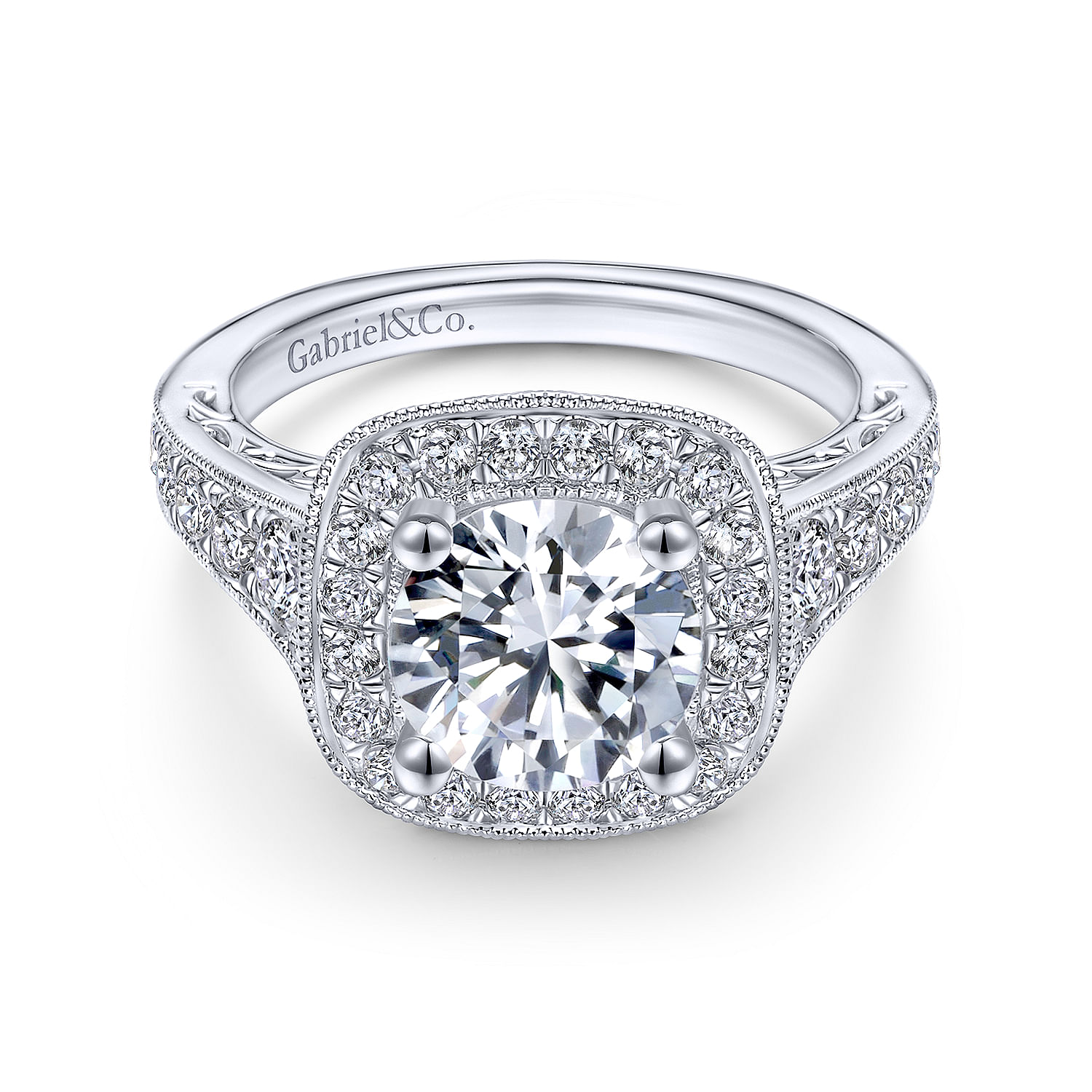 Florence - Vintage Inspired 14K White Gold Round Halo Diamond Engagement Ring