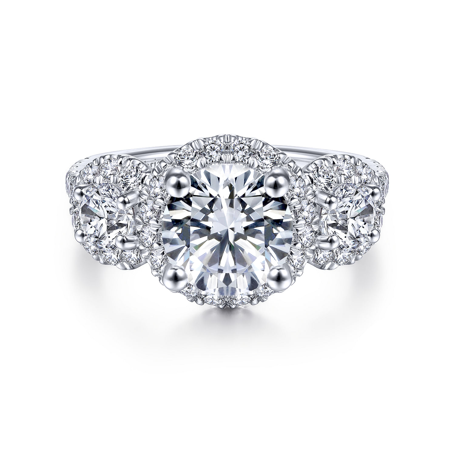 France - 14K White Gold Round 3 Stone Halo Diamond Engagement Ring