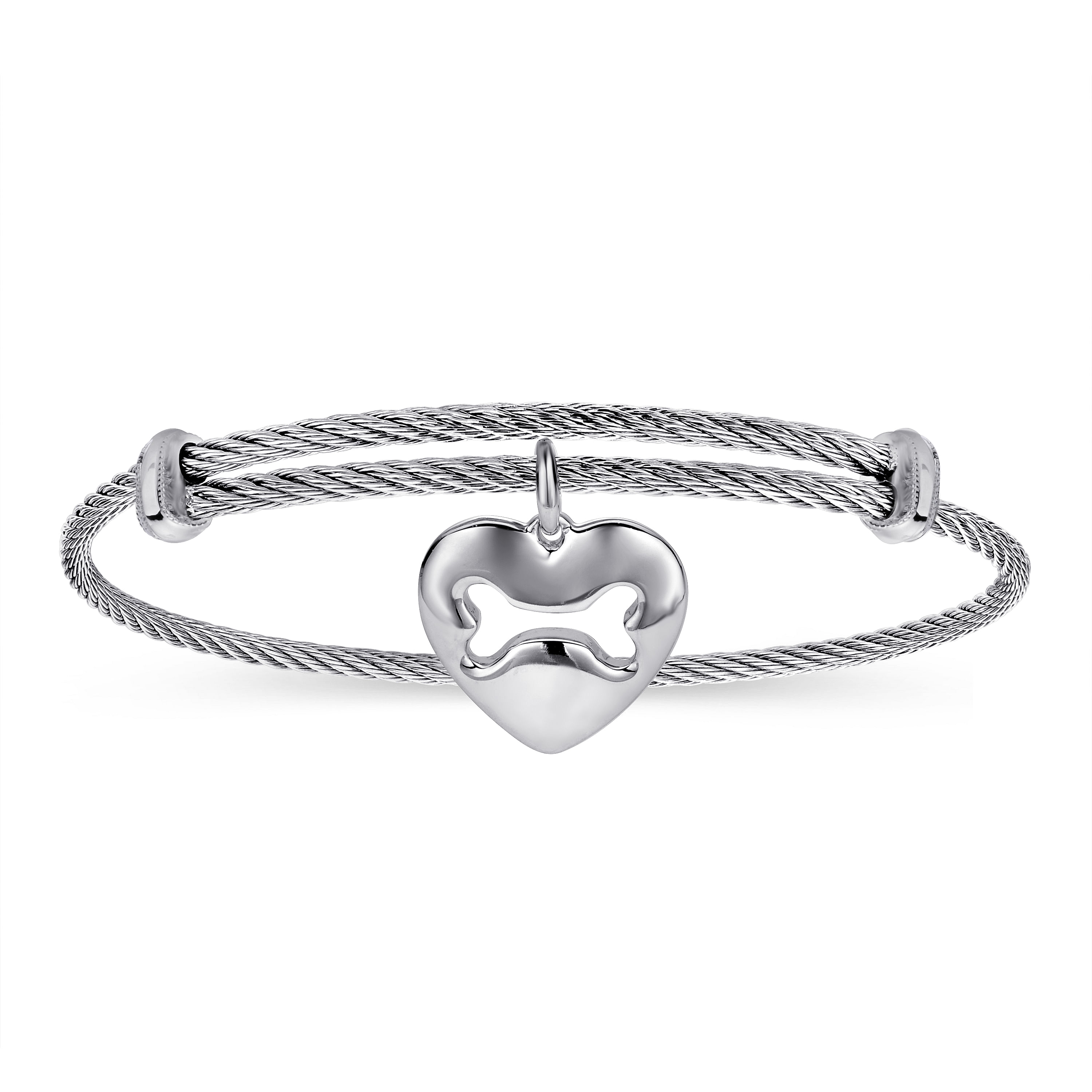 Key charm and double love heart silver bangle bracelet with pearls and adjustable with a twisted bangle design gift for her