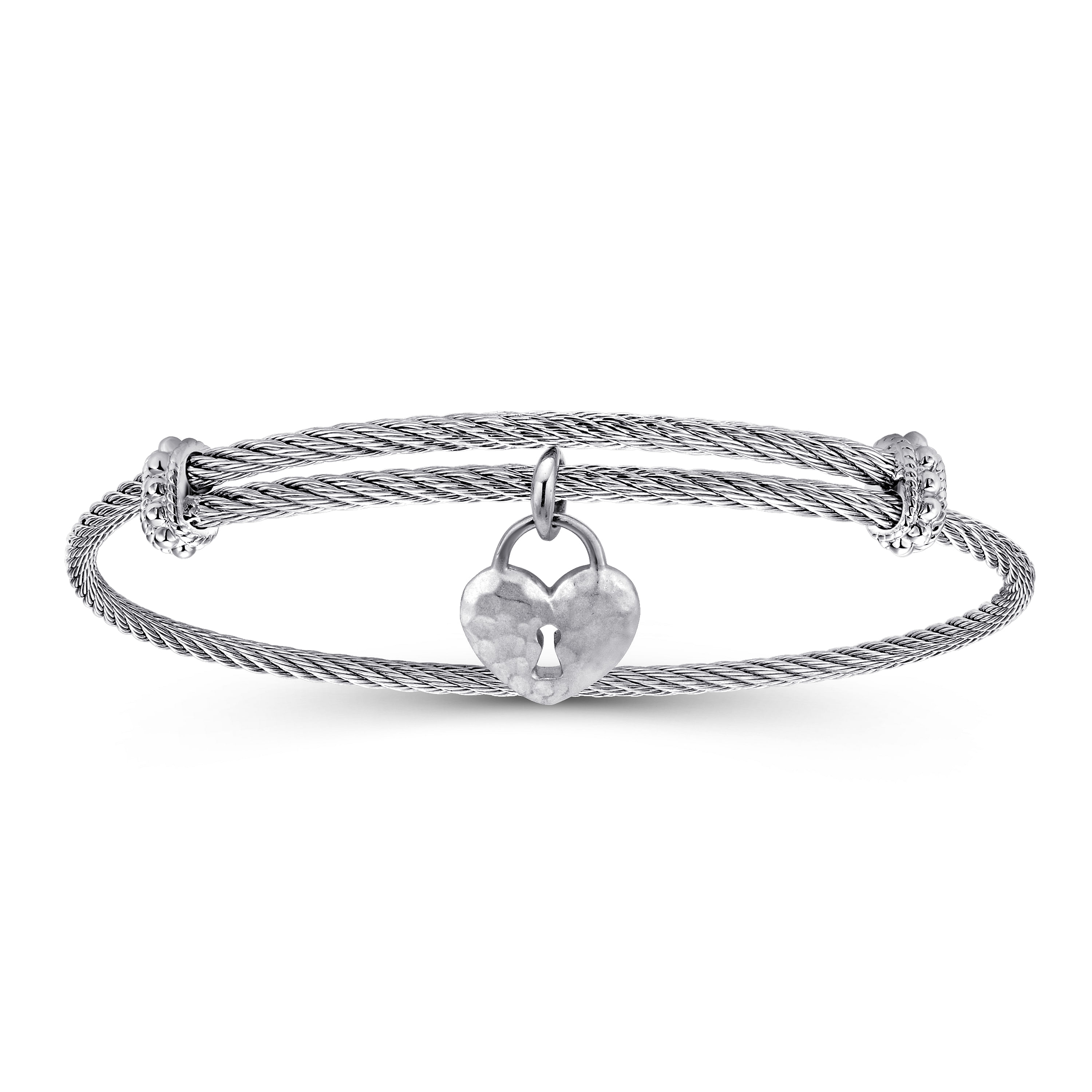 Key charm and double love heart silver bangle bracelet with pearls and adjustable with a twisted bangle design gift for her