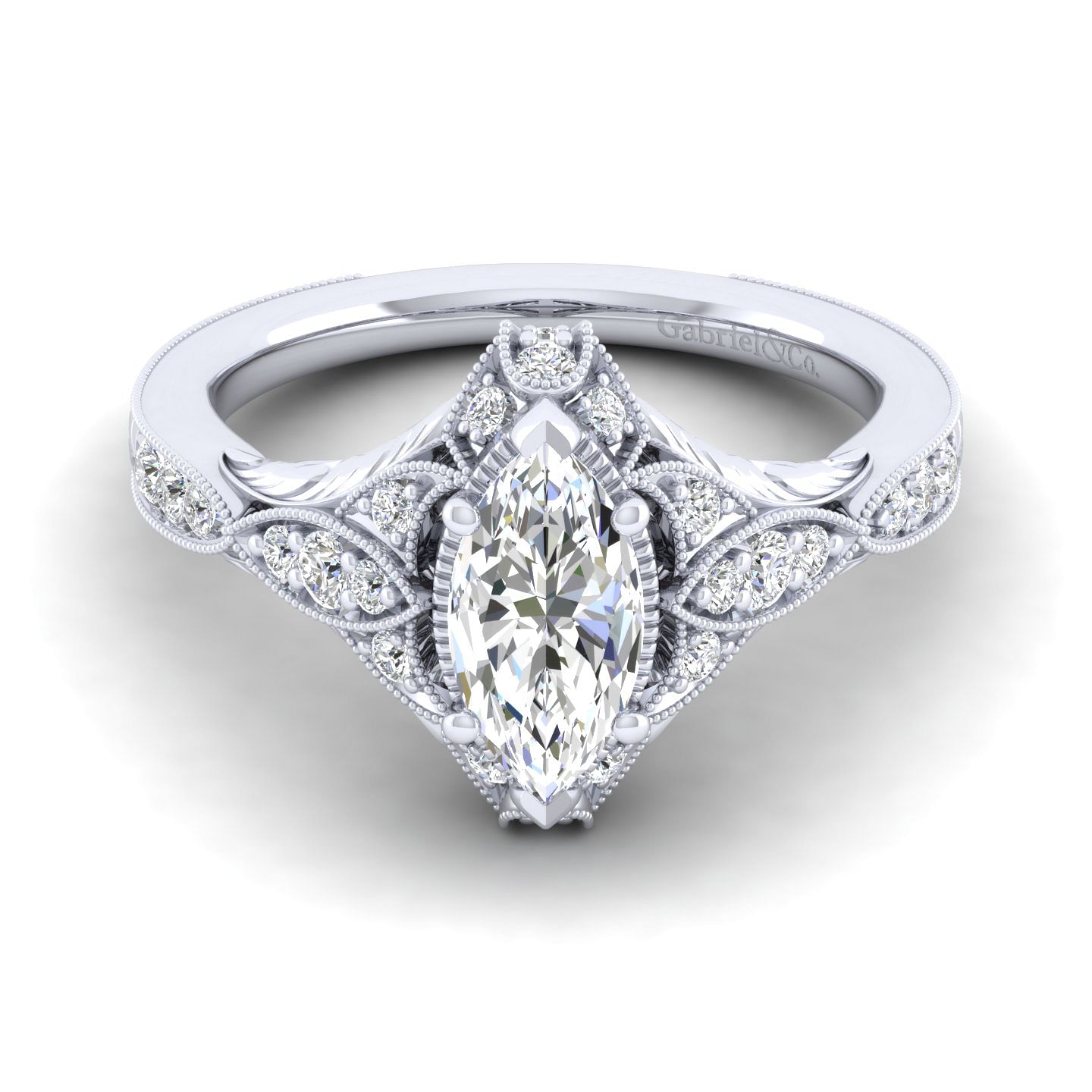Unique 14K White Gold Vintage Marquise Shape Halo Engagement Ring