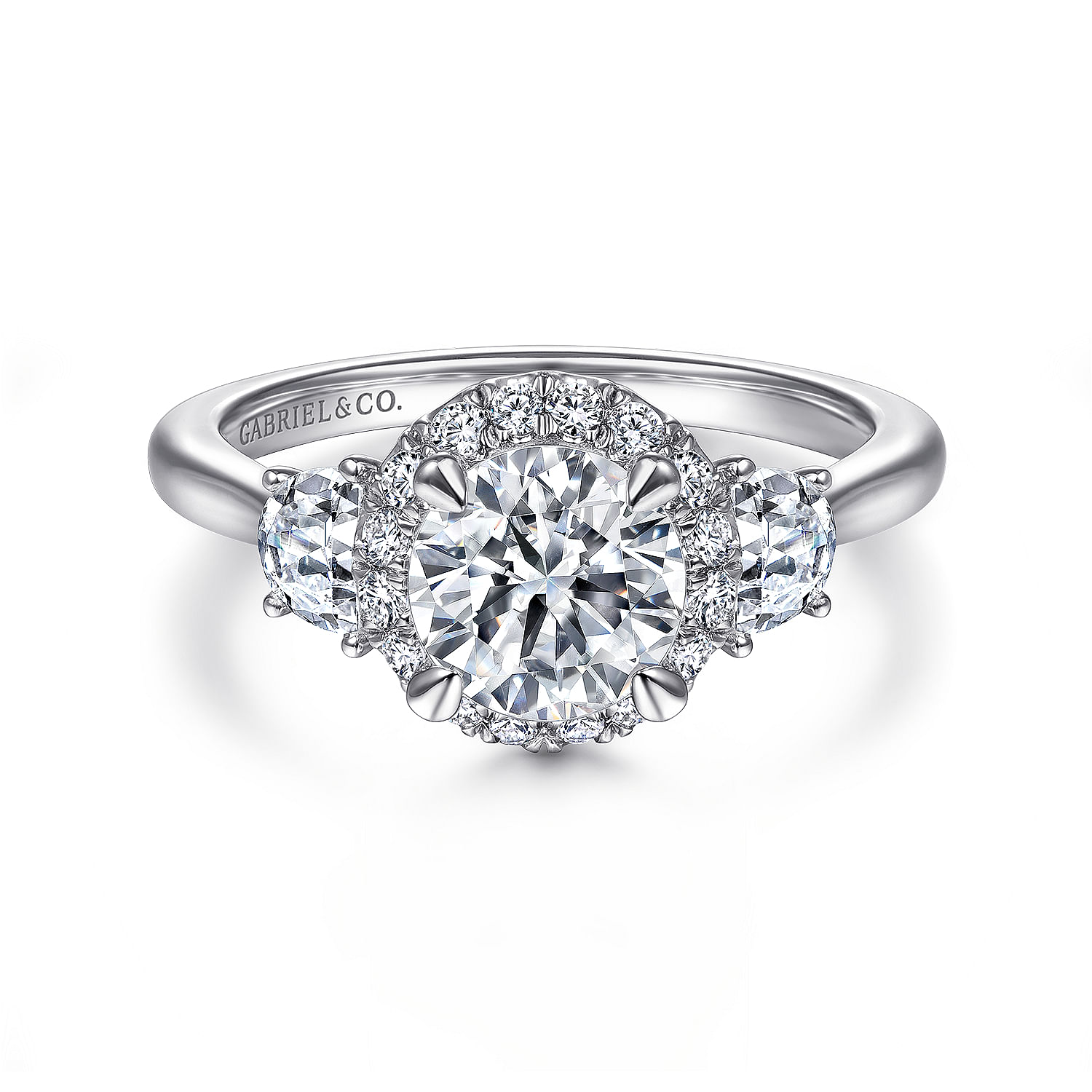 Galilea - 14K White Gold Round 3 Stone Halo Diamond Engagement Ring